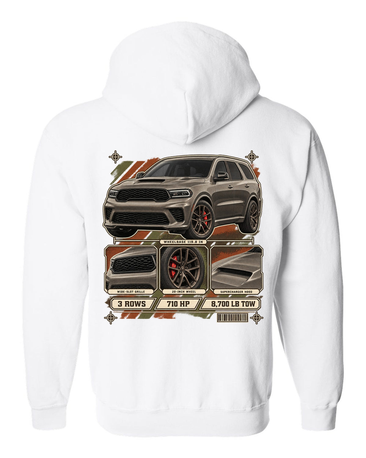 print of a 2021 Dodge Durango SRT Hellcat with spec dossier panels white zip hoodie back view with the design