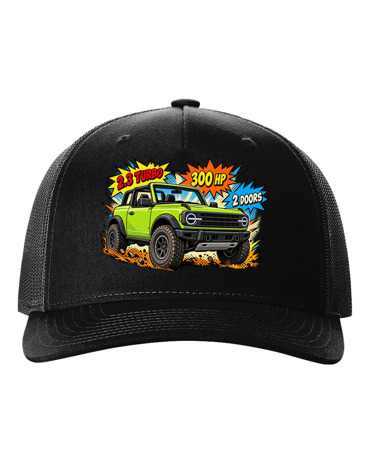 Comic halftone pop-art of a 2021 Ford Bronco 2-door with round headlights and 2.3 TURBO 300 HP lettering black hat front view with the design