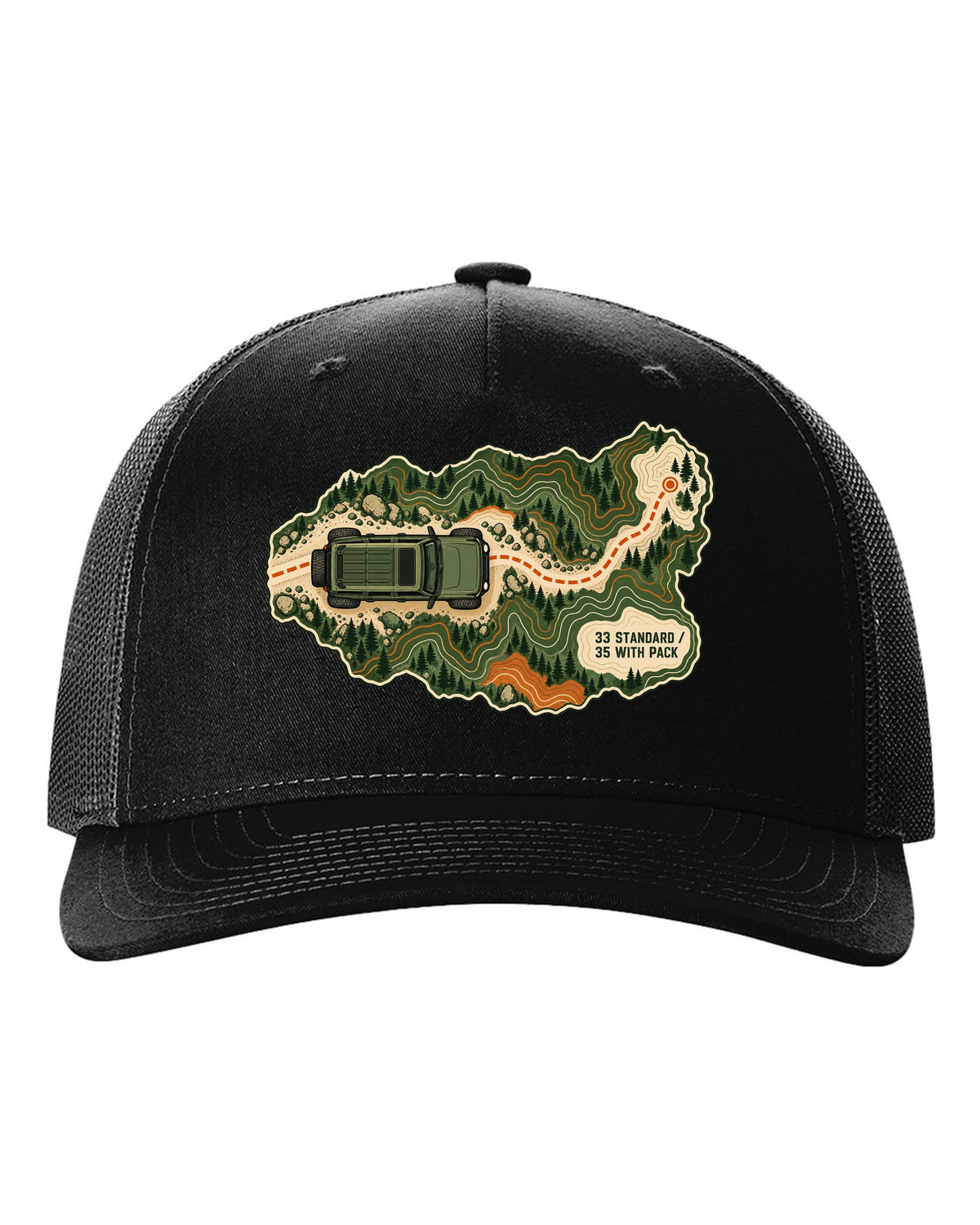 Topographic route map art of a 2021 Ford Bronco 4-door Badlands with 33 STANDARD 35 WITH PACK notes black hat front view with the design