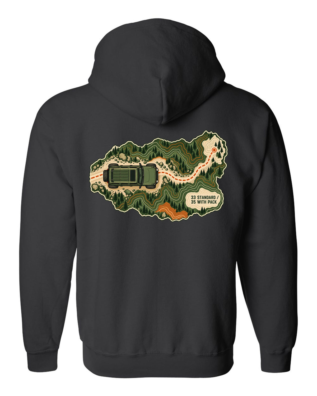 Topographic route map art of a 2021 Ford Bronco 4-door Badlands with 33 STANDARD 35 WITH PACK notes black zip hoodie back view with the design