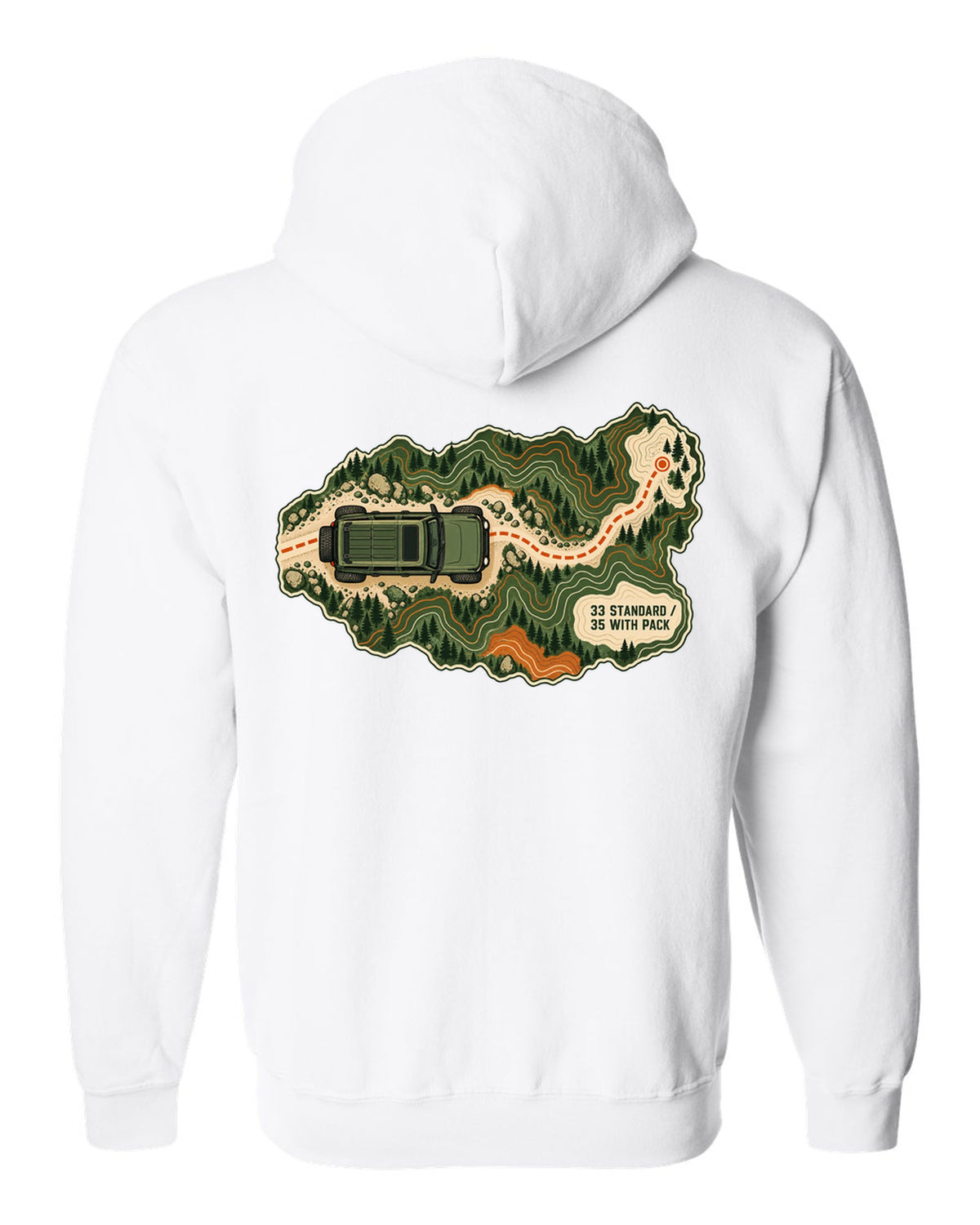 Topographic route map art of a 2021 Ford Bronco 4-door Badlands with 33 STANDARD 35 WITH PACK notes white zip hoodie back view with the design