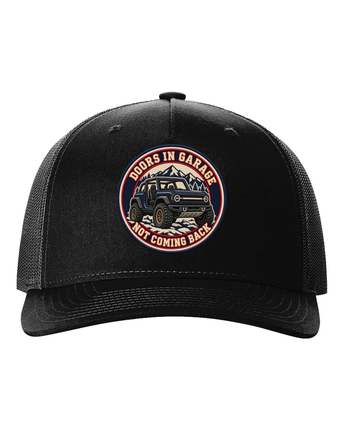 Embroidery-style varsity crest of a 2021 Ford Bronco with doors and roof off at the beach black hat front view with the design
