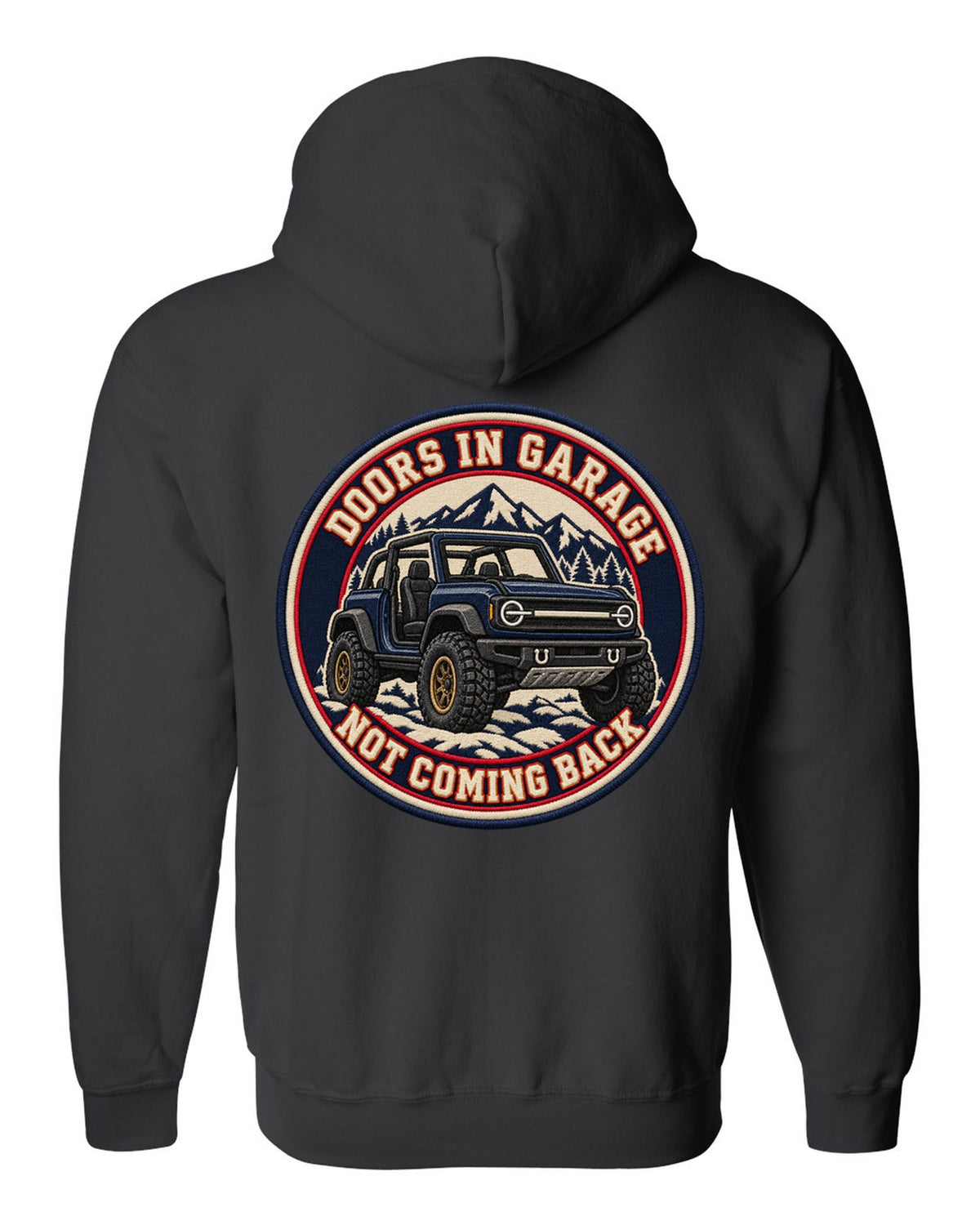 Embroidery-style varsity crest of a 2021 Ford Bronco with doors and roof off at the beach black zip hoodie back view with the design