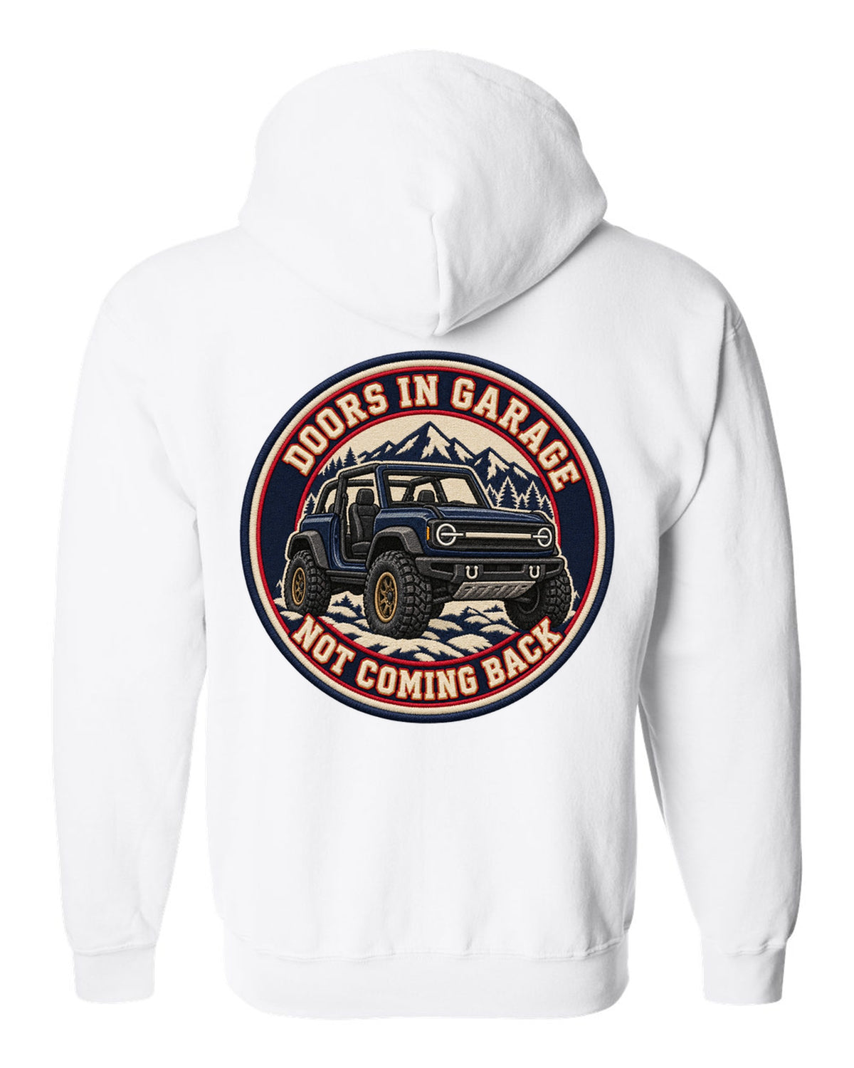 Embroidery-style varsity crest of a 2021 Ford Bronco with doors and roof off at the beach white zip hoodie back view with the design