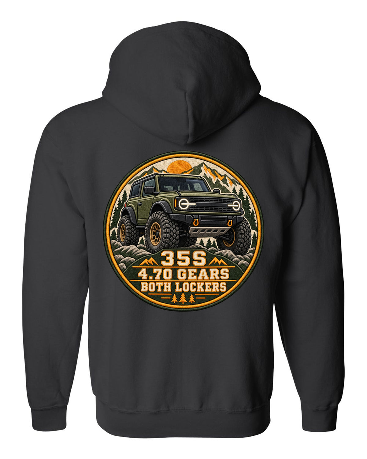 Round seal print for a 2021 Ford Bronco 6G Sasquatch package with 35s and lockers text black zip hoodie back view with the design