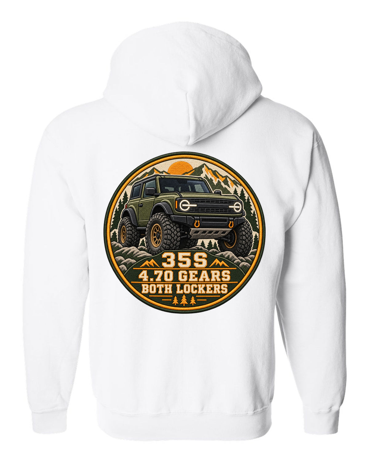 Round seal print for a 2021 Ford Bronco 6G Sasquatch package with 35s and lockers text white zip hoodie back view with the design
