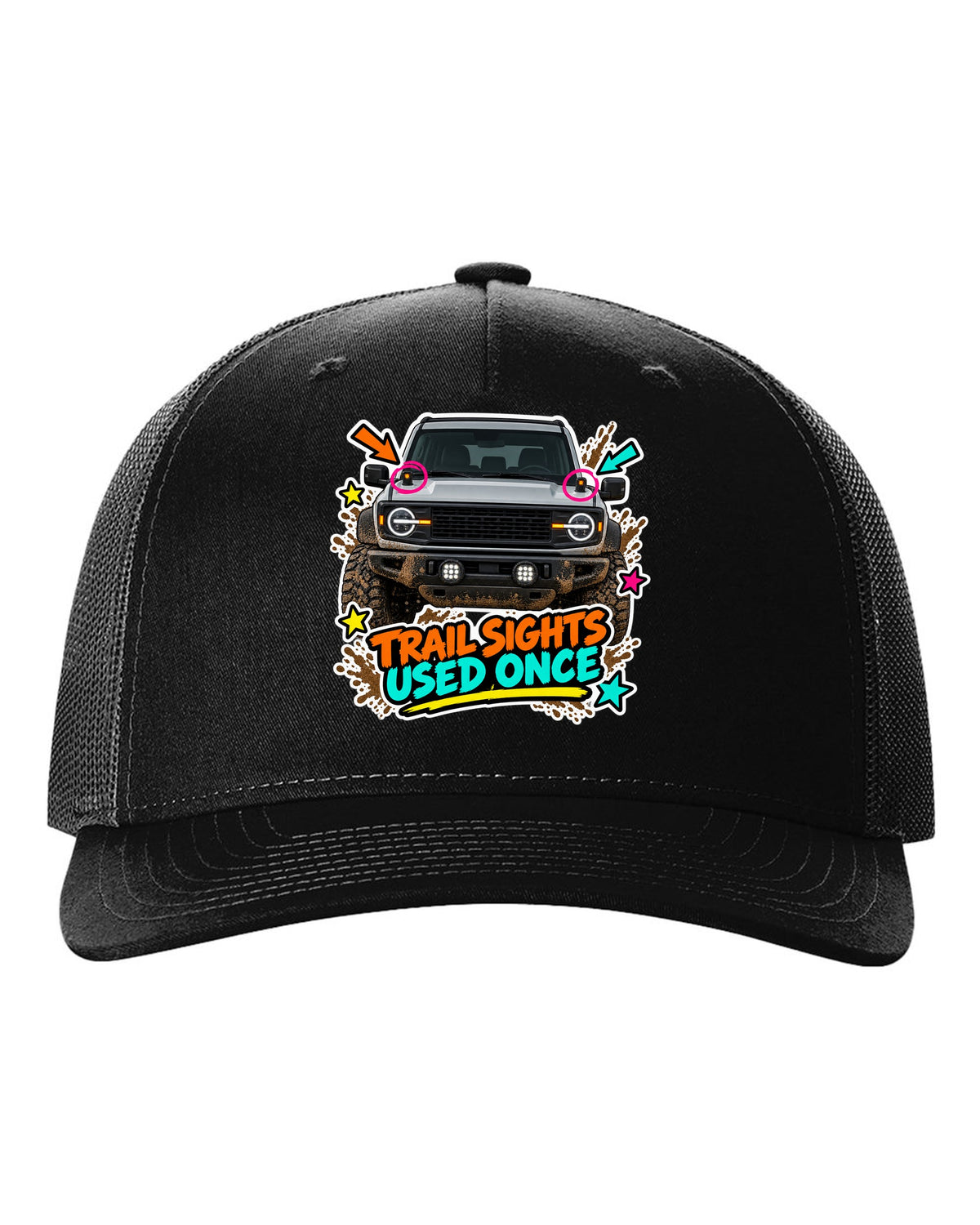 Sticker-bomb collage of a 2021 Ford Bronco with trail sights and USED ONCE lettering black hat front view with the design
