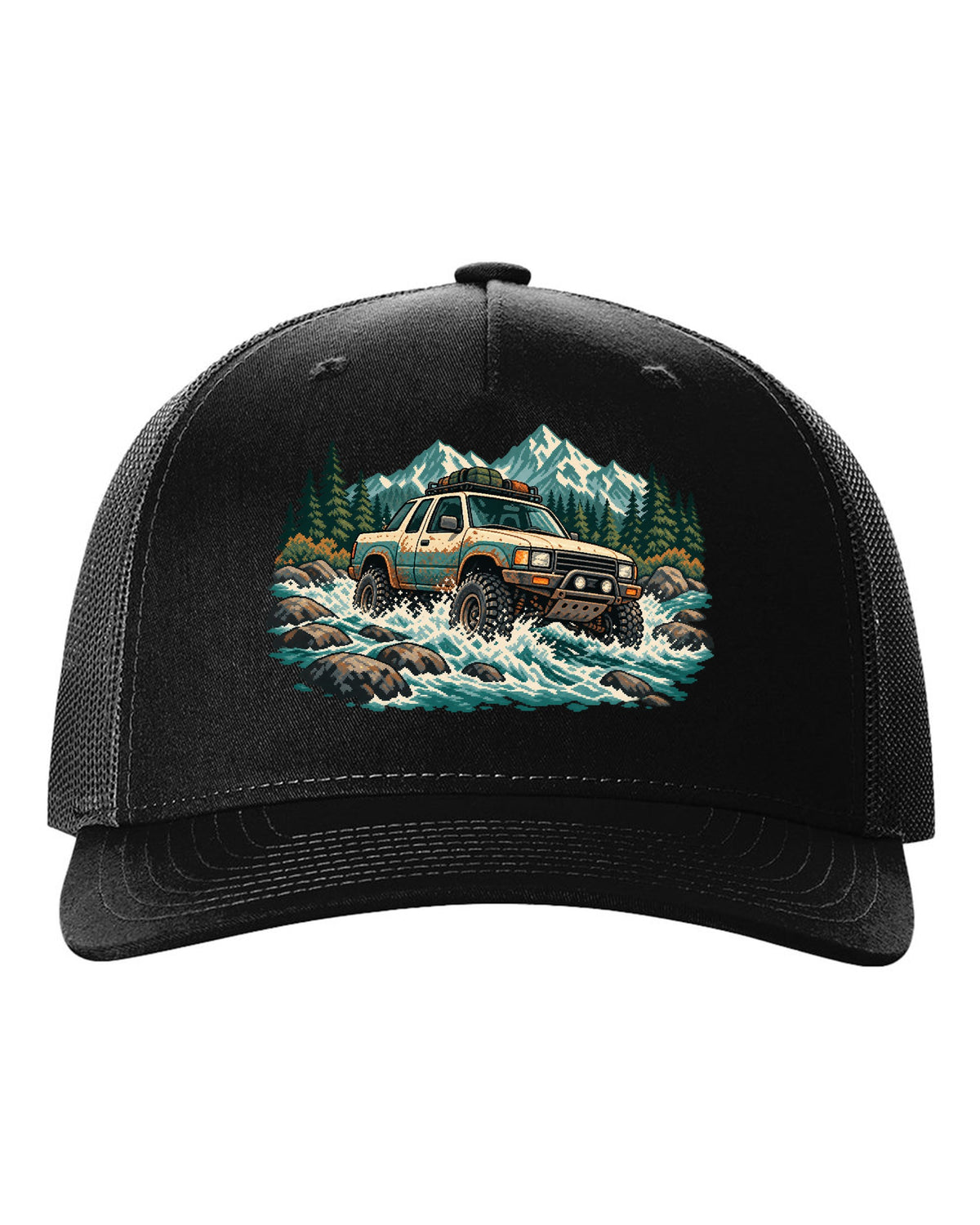 16-bit pixel art of a 2021 Ford F-150 Raptor Gen 3 P702 crossing a river with 5-LINK REAR lettering black hat front view with the design
