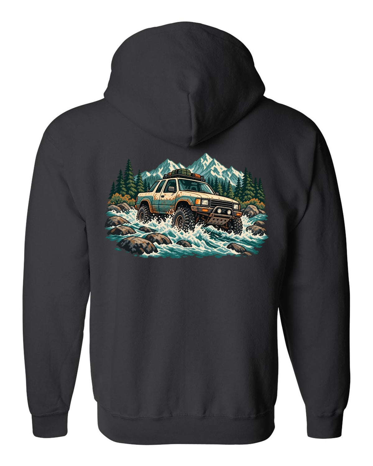 16-bit pixel art of a 2021 Ford F-150 Raptor Gen 3 P702 crossing a river with 5-LINK REAR lettering black zip hoodie back view with the design