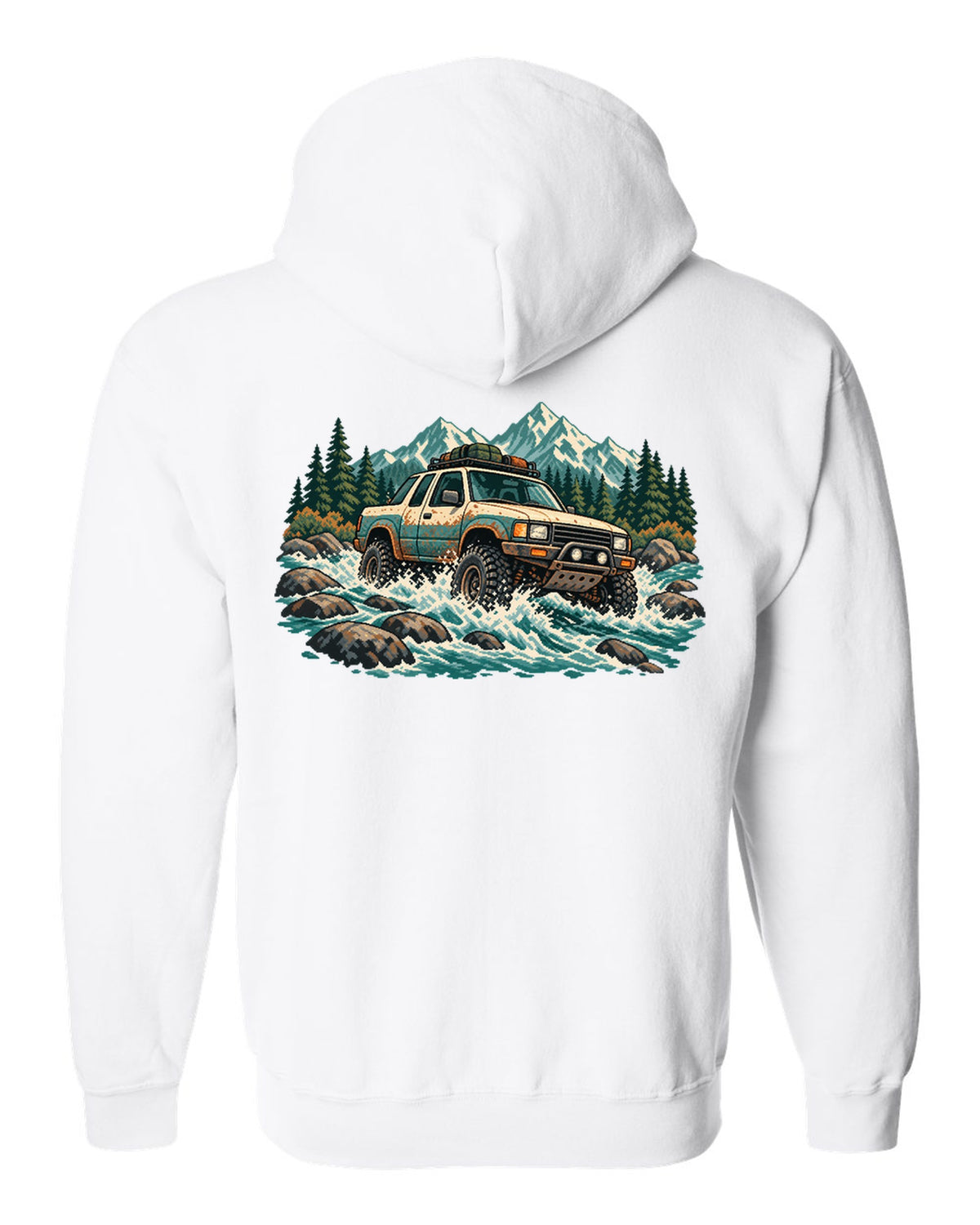 16-bit pixel art of a 2021 Ford F-150 Raptor Gen 3 P702 crossing a river with 5-LINK REAR lettering white zip hoodie back view with the design