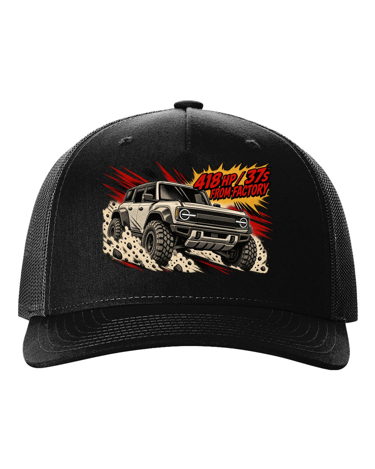 Retro manga halftone panel of a 2022 Ford Bronco Raptor jumping in the desert with 418 HP lettering black hat front view with the design