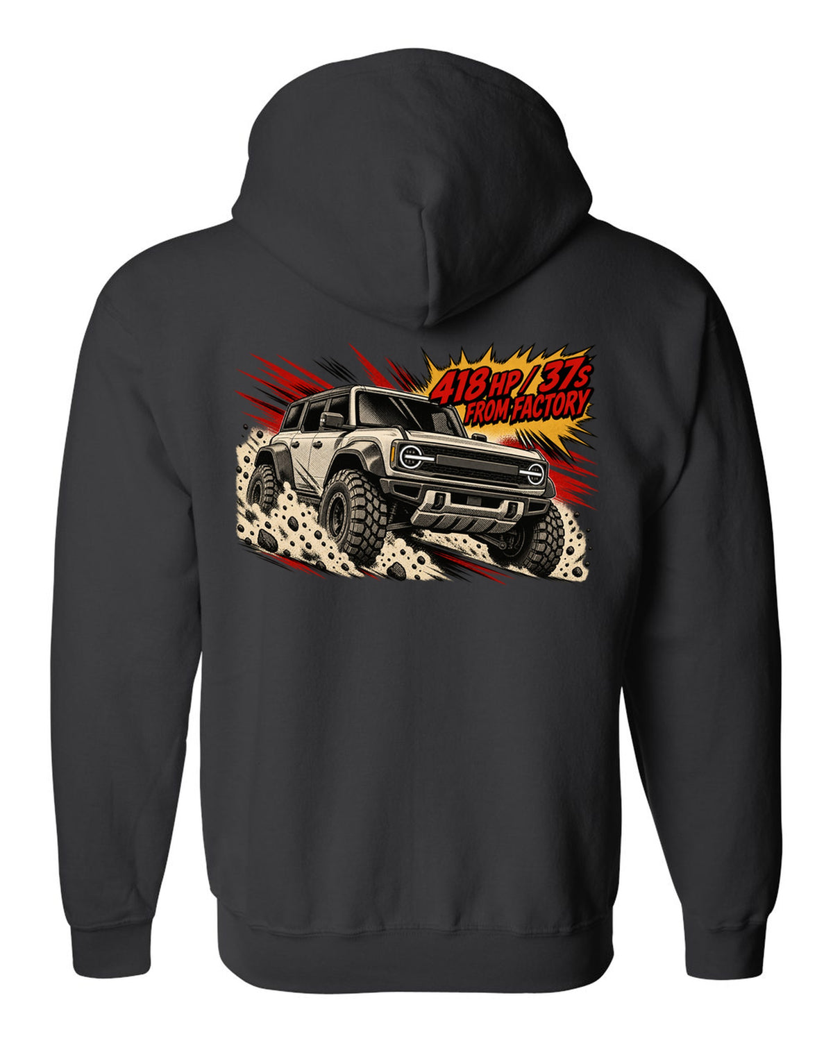 Retro manga halftone panel of a 2022 Ford Bronco Raptor jumping in the desert with 418 HP lettering black zip hoodie back view with the design