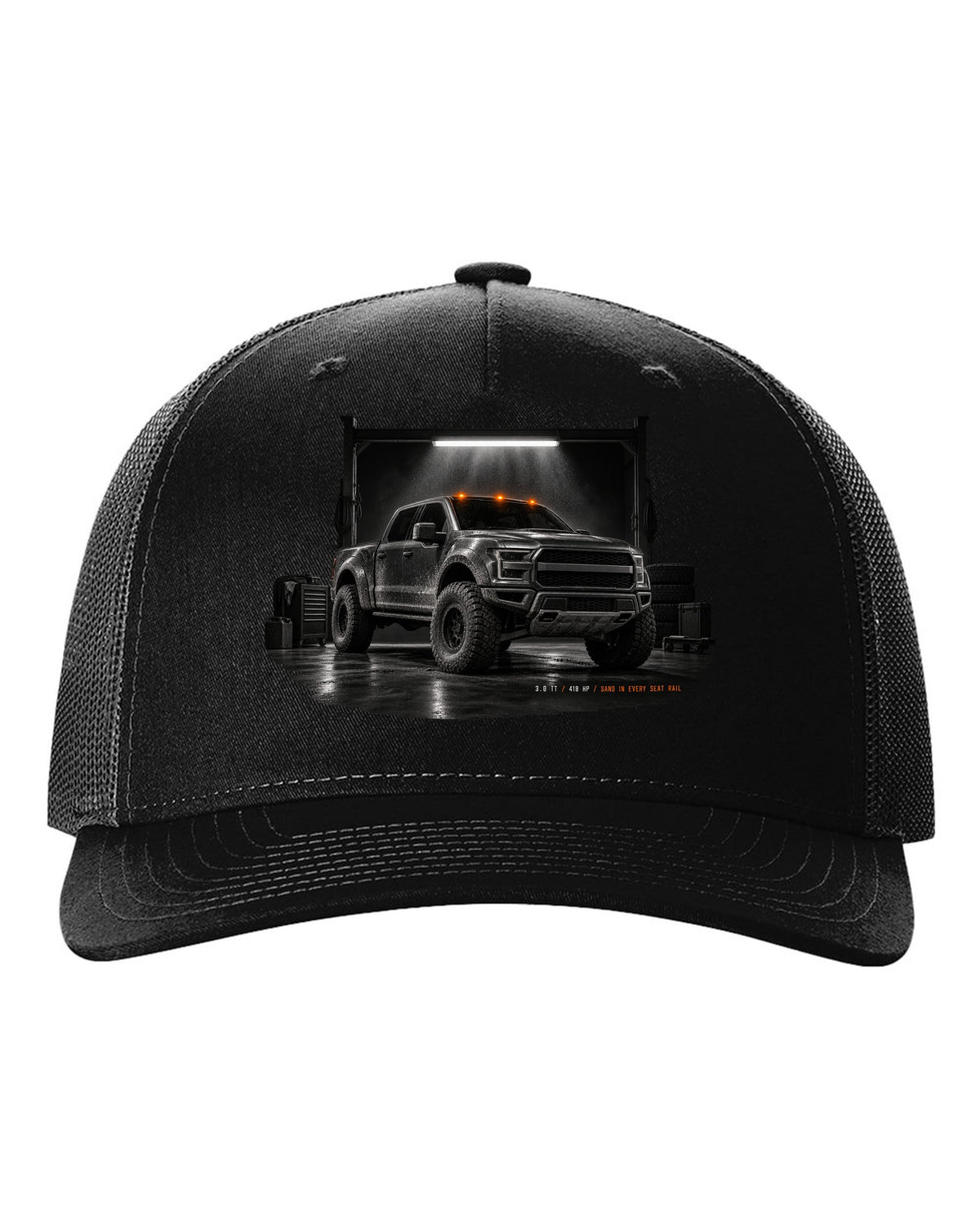 Ford Bronco Raptor 2022 U725 garage night print with 3.0 TT and 418 HP text black hat front view with the design