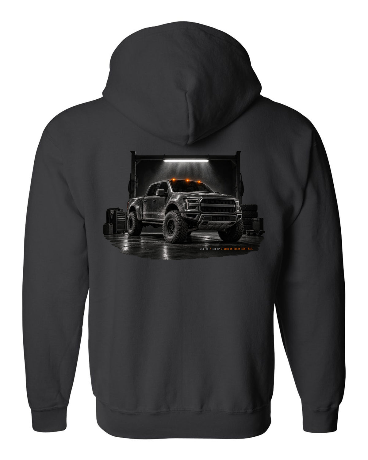 Ford Bronco Raptor 2022 U725 garage night print with 3.0 TT and 418 HP text black zip hoodie back view with the design