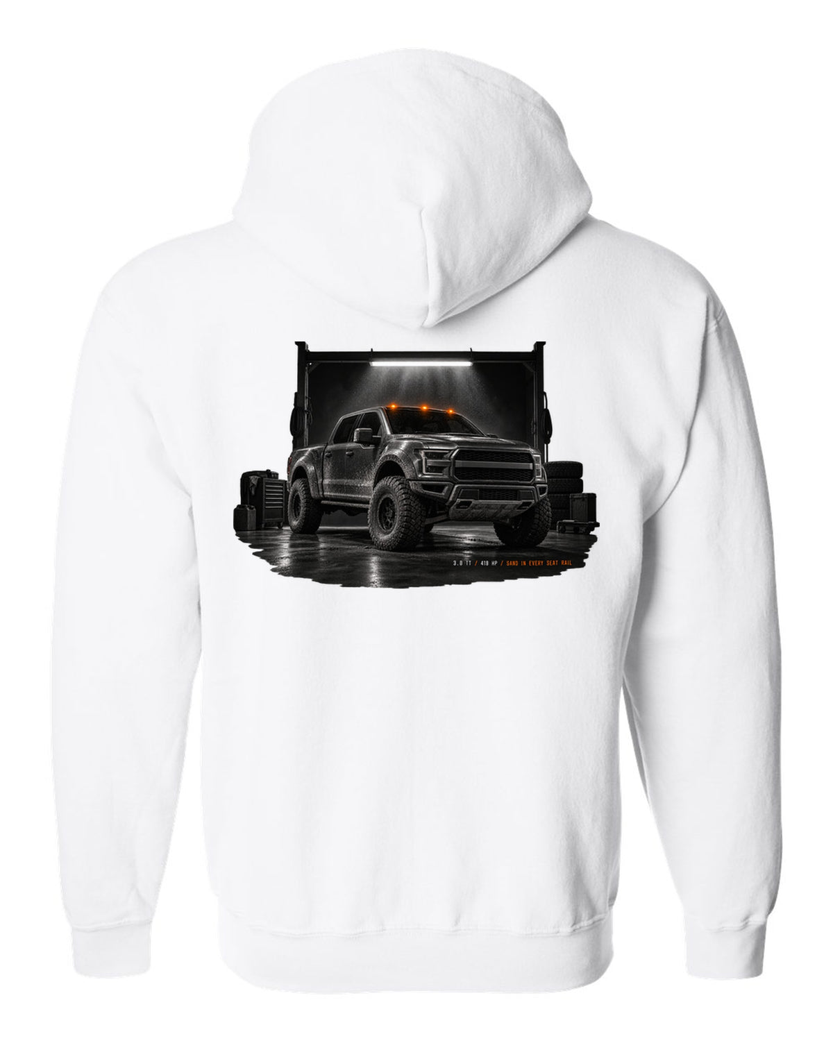 Ford Bronco Raptor 2022 U725 garage night print with 3.0 TT and 418 HP text white zip hoodie back view with the design