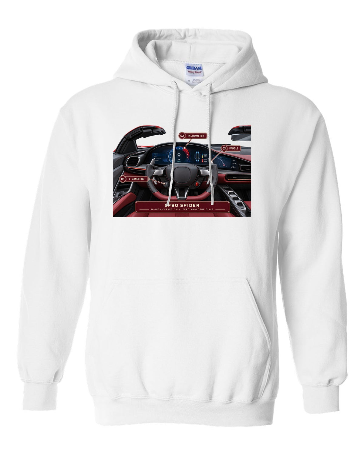 Ferrari SF90 Spider cockpit gauge print with 16-inch curved dash text white pull over hoodie front view with the design