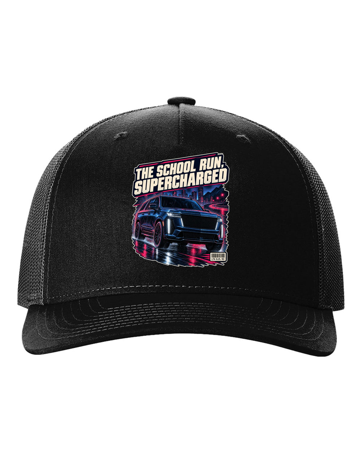 Night street print of a 2023-25 Cadillac Escalade-V black hat front view with the design