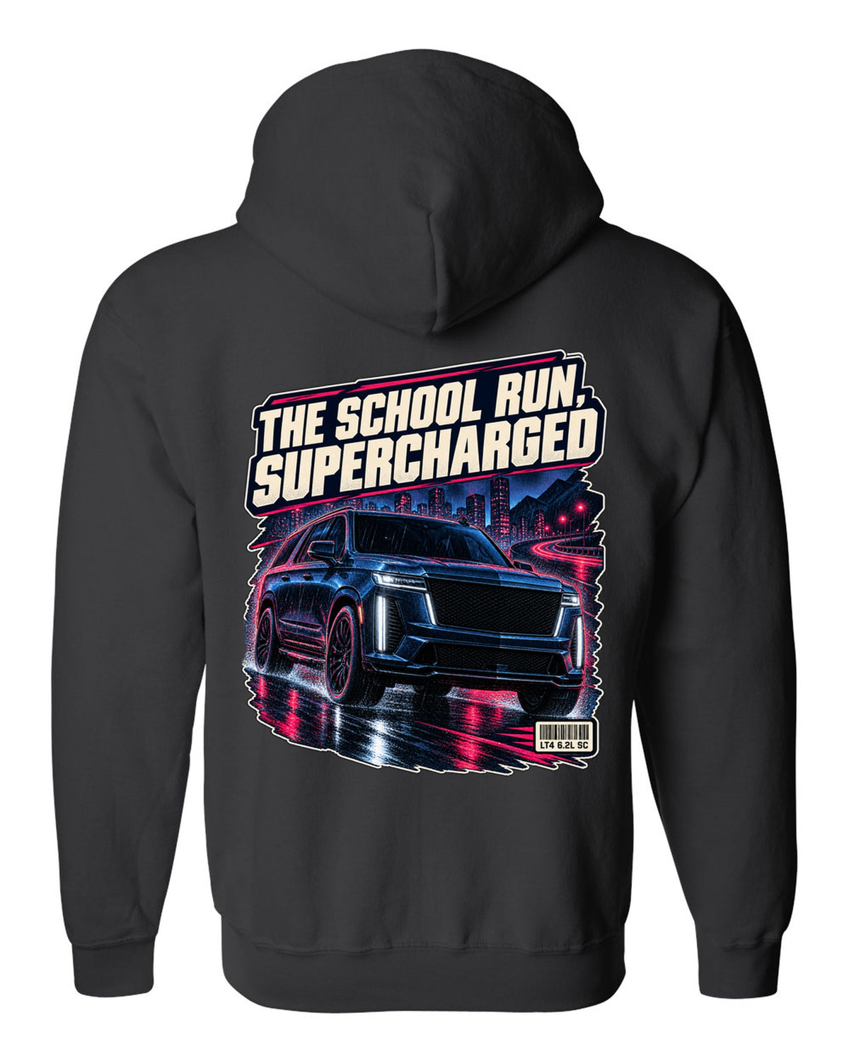 Night street print of a 2023-25 Cadillac Escalade-V black zip hoodie back view with the design