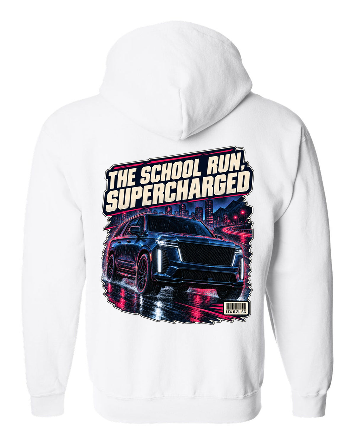 Night street print of a 2023-25 Cadillac Escalade-V white zip hoodie back view with the design