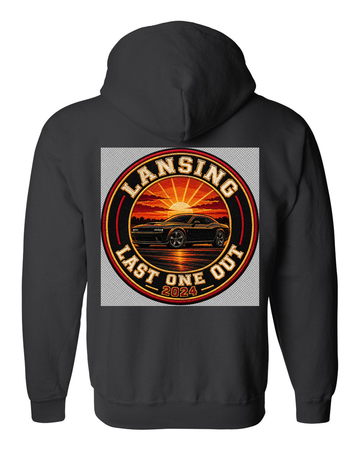 2023 Chevrolet Camaro varsity crest print reading Lansing Last One Out 2024 black zip hoodie back view with the design