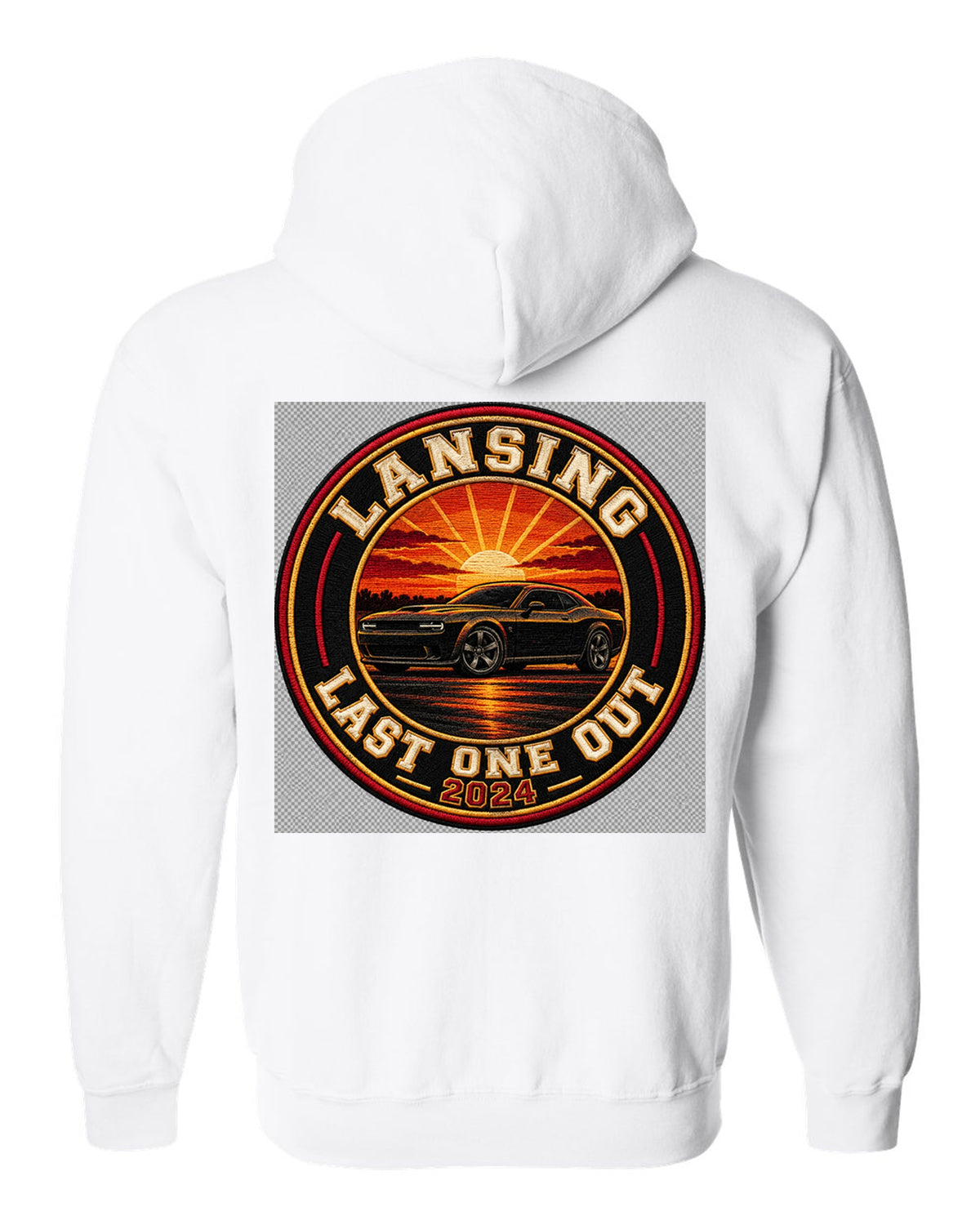 2023 Chevrolet Camaro varsity crest print reading Lansing Last One Out 2024 white zip hoodie back view with the design