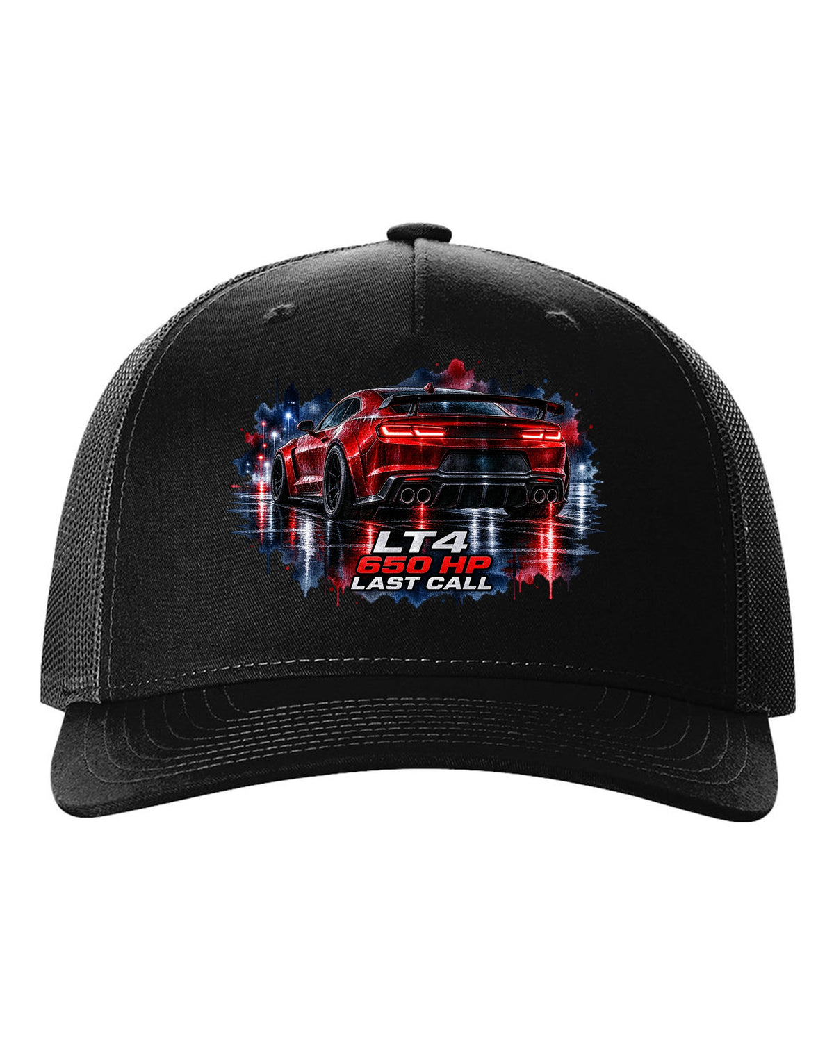 2023 Camaro ZL1 on a wet night road in watercolour style with LT4 650 HP Last Call text black hat front view with the design