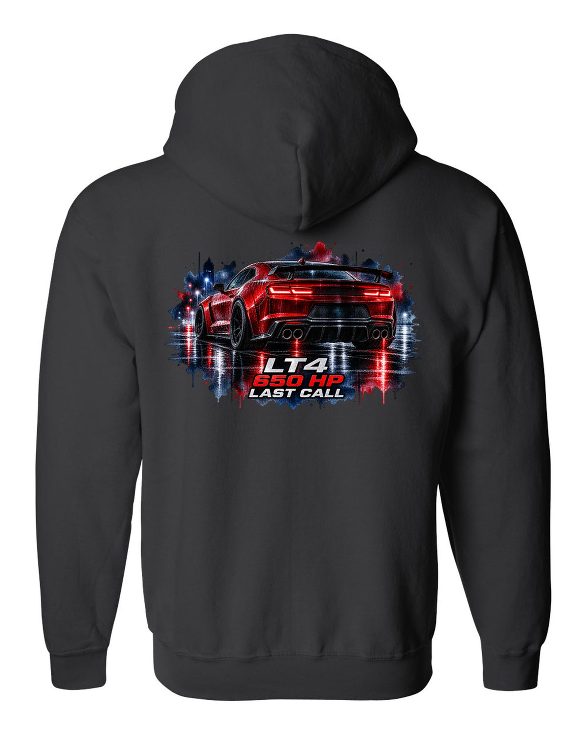 2023 Camaro ZL1 on a wet night road in watercolour style with LT4 650 HP Last Call text black zip hoodie back view with the design