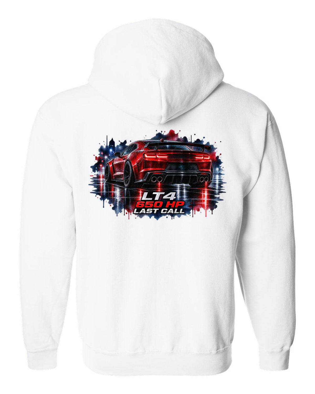 2023 Camaro ZL1 on a wet night road in watercolour style with LT4 650 HP Last Call text white zip hoodie back view with the design