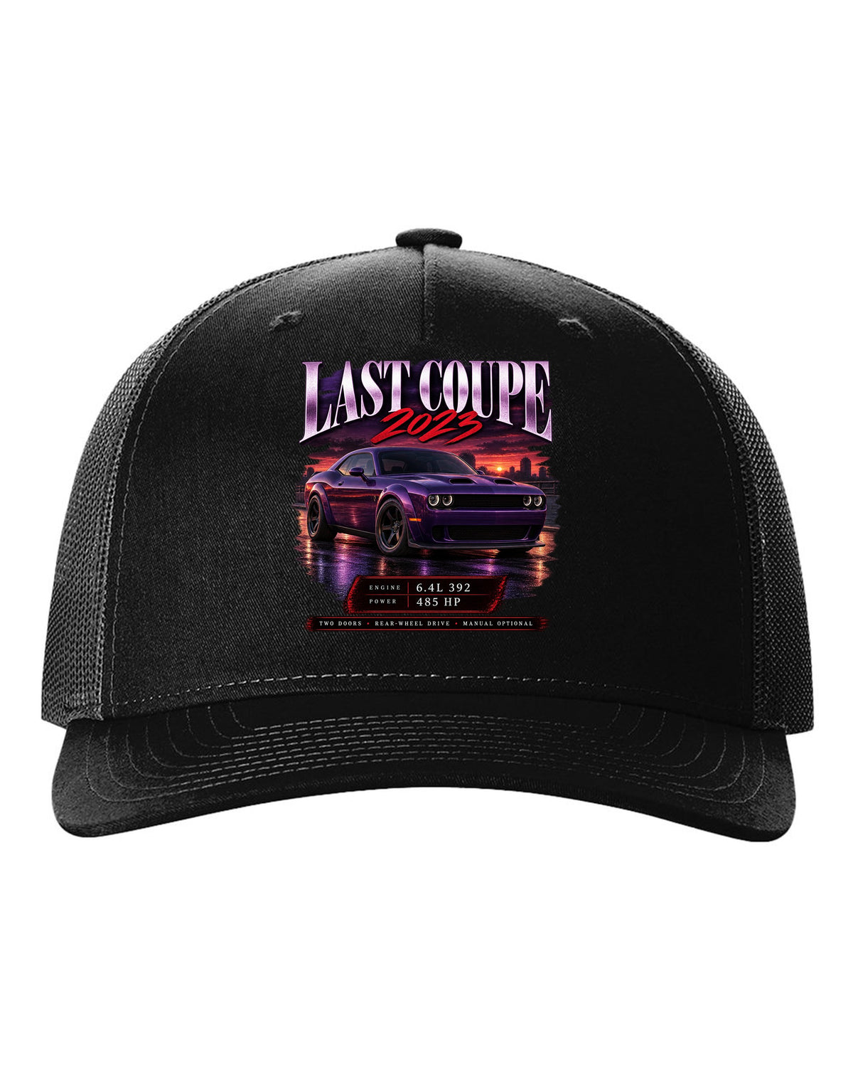 2023 Dodge Challenger Scat Pack Widebody archive panel print with last coupe lettering black hat front view with the design