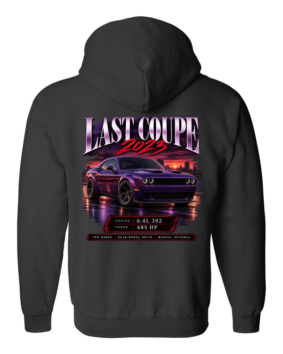 2023 Dodge Challenger Scat Pack Widebody archive panel print with last coupe lettering black zip hoodie back view with the design