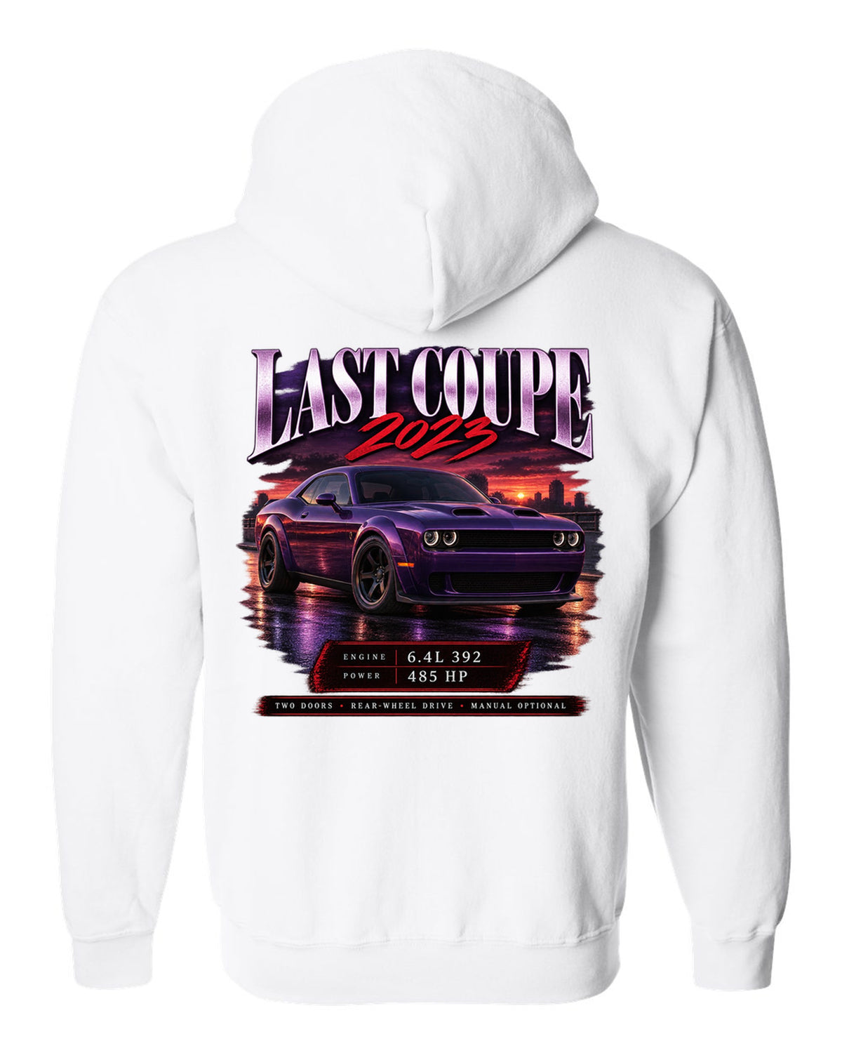 2023 Dodge Challenger Scat Pack Widebody archive panel print with last coupe lettering white zip hoodie back view with the design