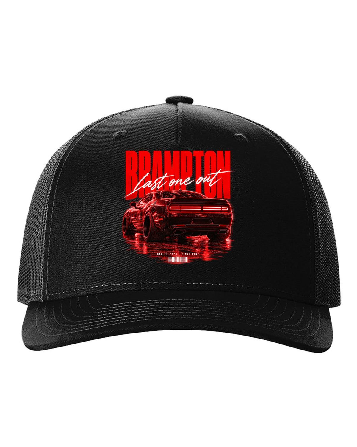 Street poster print of a 2023 Dodge Challenger Widebody with Brampton last one out Dec 22 2023 text black hat front view with the design