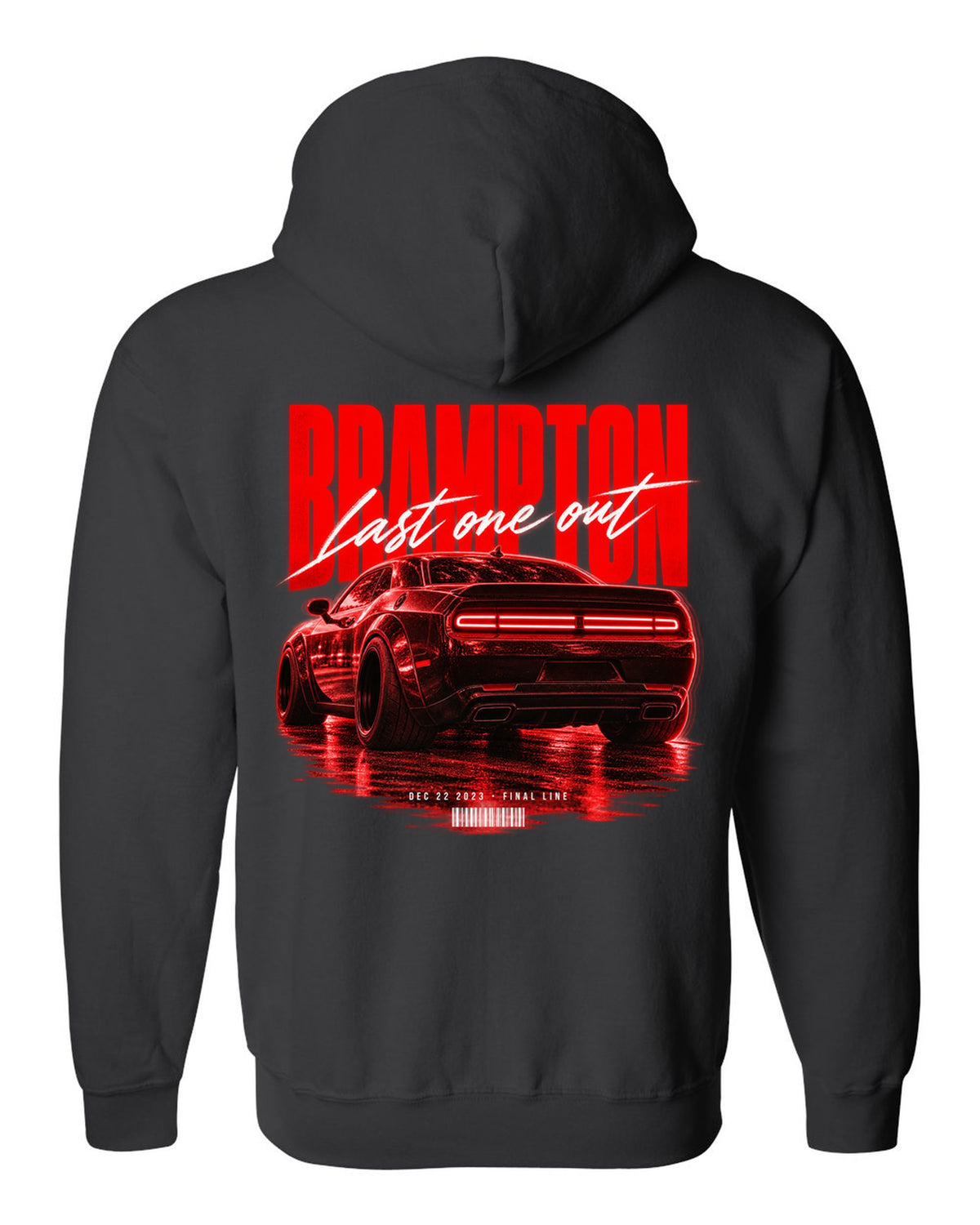 Street poster print of a 2023 Dodge Challenger Widebody with Brampton last one out Dec 22 2023 text black zip hoodie back view with the design