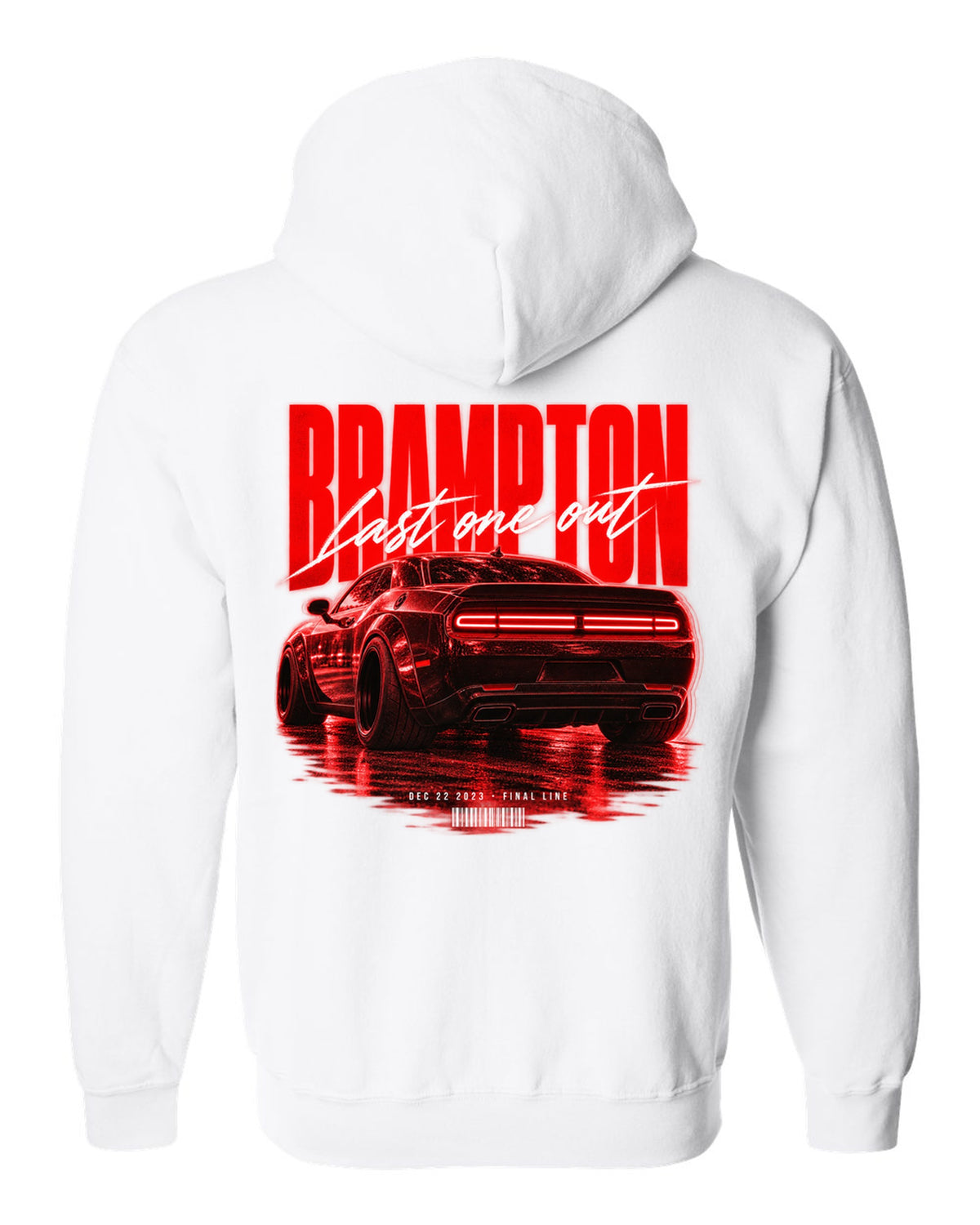 Street poster print of a 2023 Dodge Challenger Widebody with Brampton last one out Dec 22 2023 text white zip hoodie back view with the design