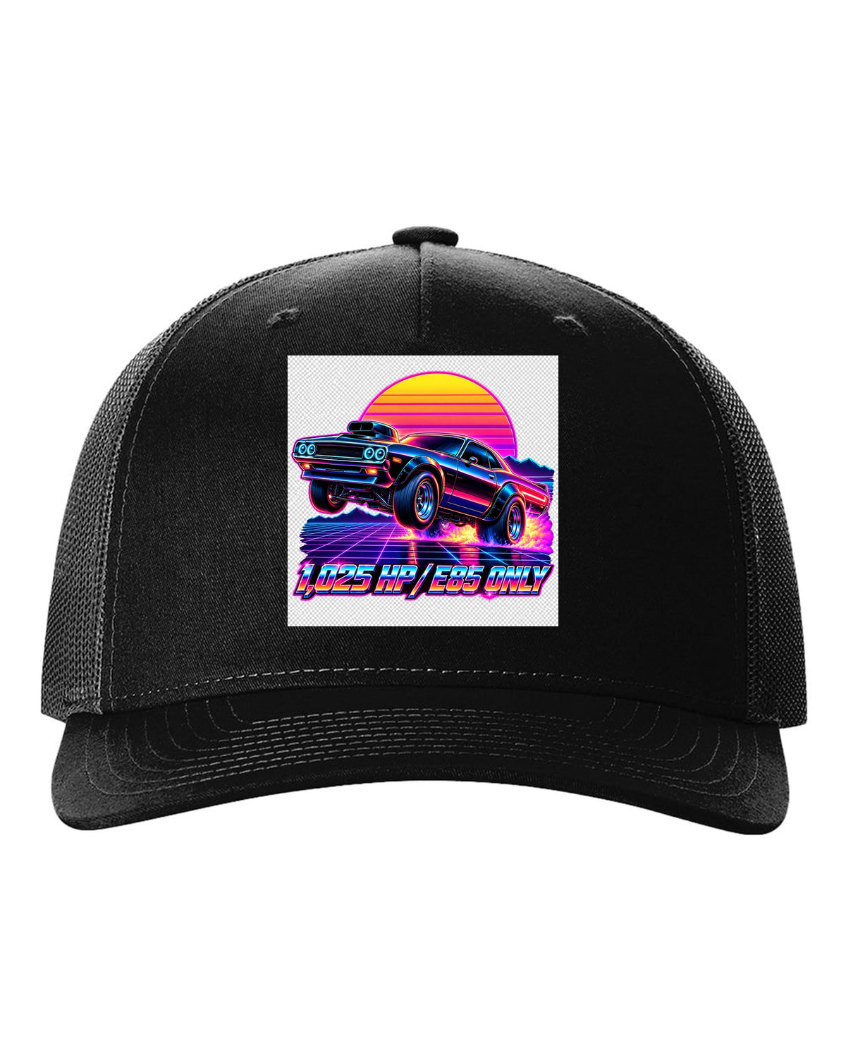 2023 Dodge Challenger Demon 170 synthwave neon outrun print with 1,025 HP E85 Only text black hat front view with the design