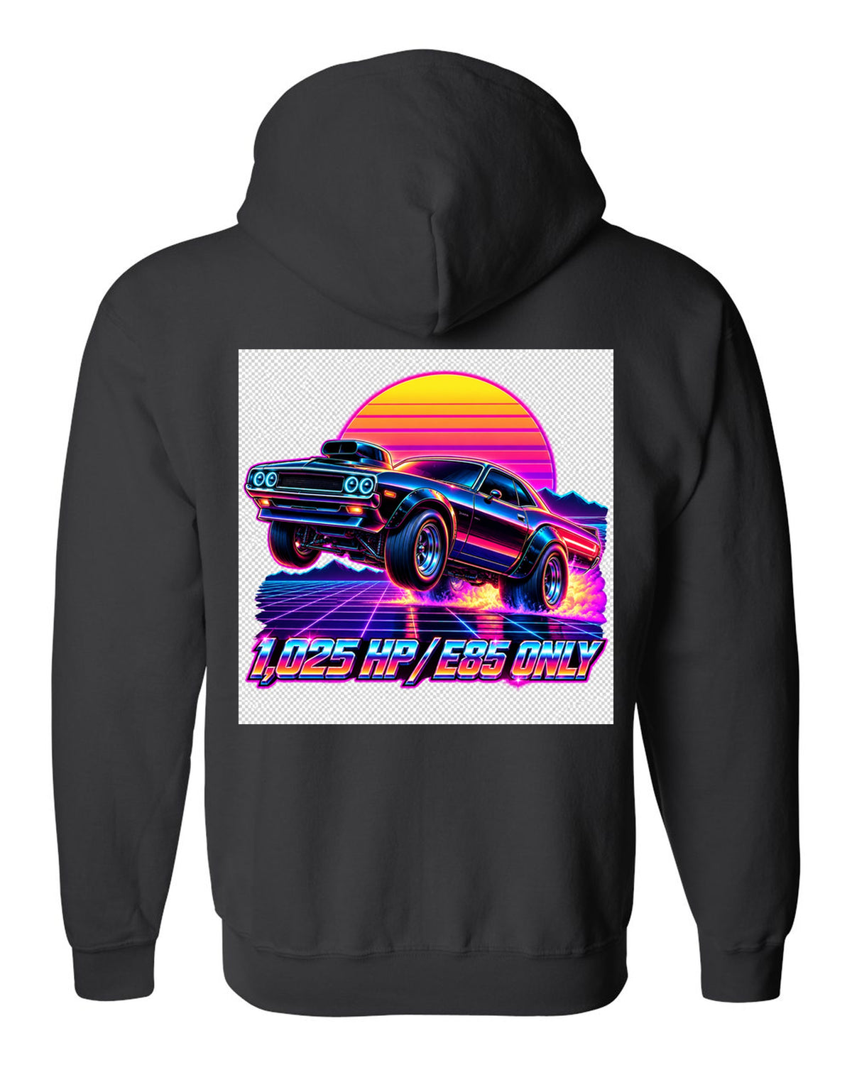 2023 Dodge Challenger Demon 170 synthwave neon outrun print with 1,025 HP E85 Only text black zip hoodie back view with the design