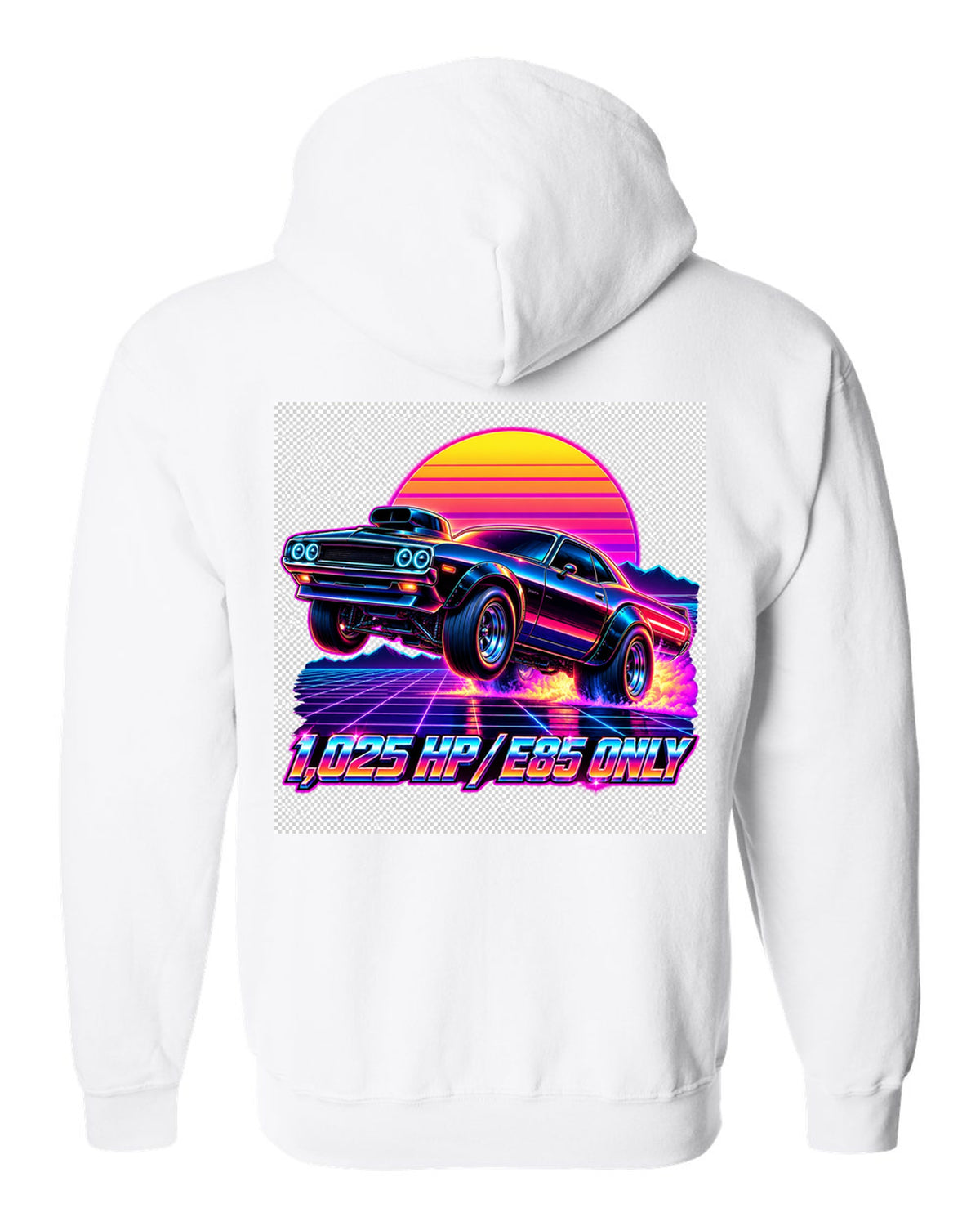 2023 Dodge Challenger Demon 170 synthwave neon outrun print with 1,025 HP E85 Only text white zip hoodie back view with the design