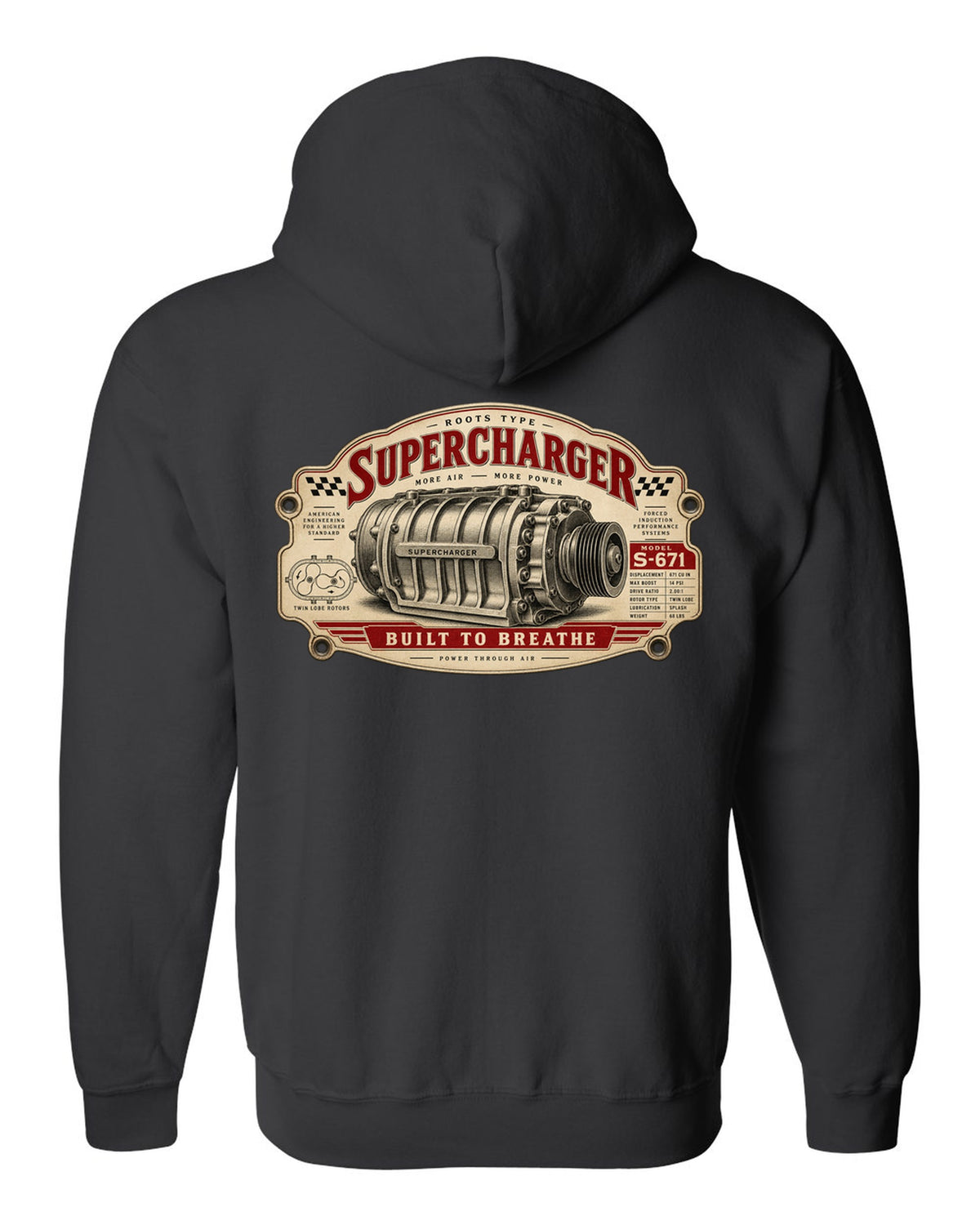 Spec-sheet data plate art of a 2023 Ford F-150 Raptor R P702 with 5.2 SUPERCHARGED 720 HP notes black zip hoodie back view with the design