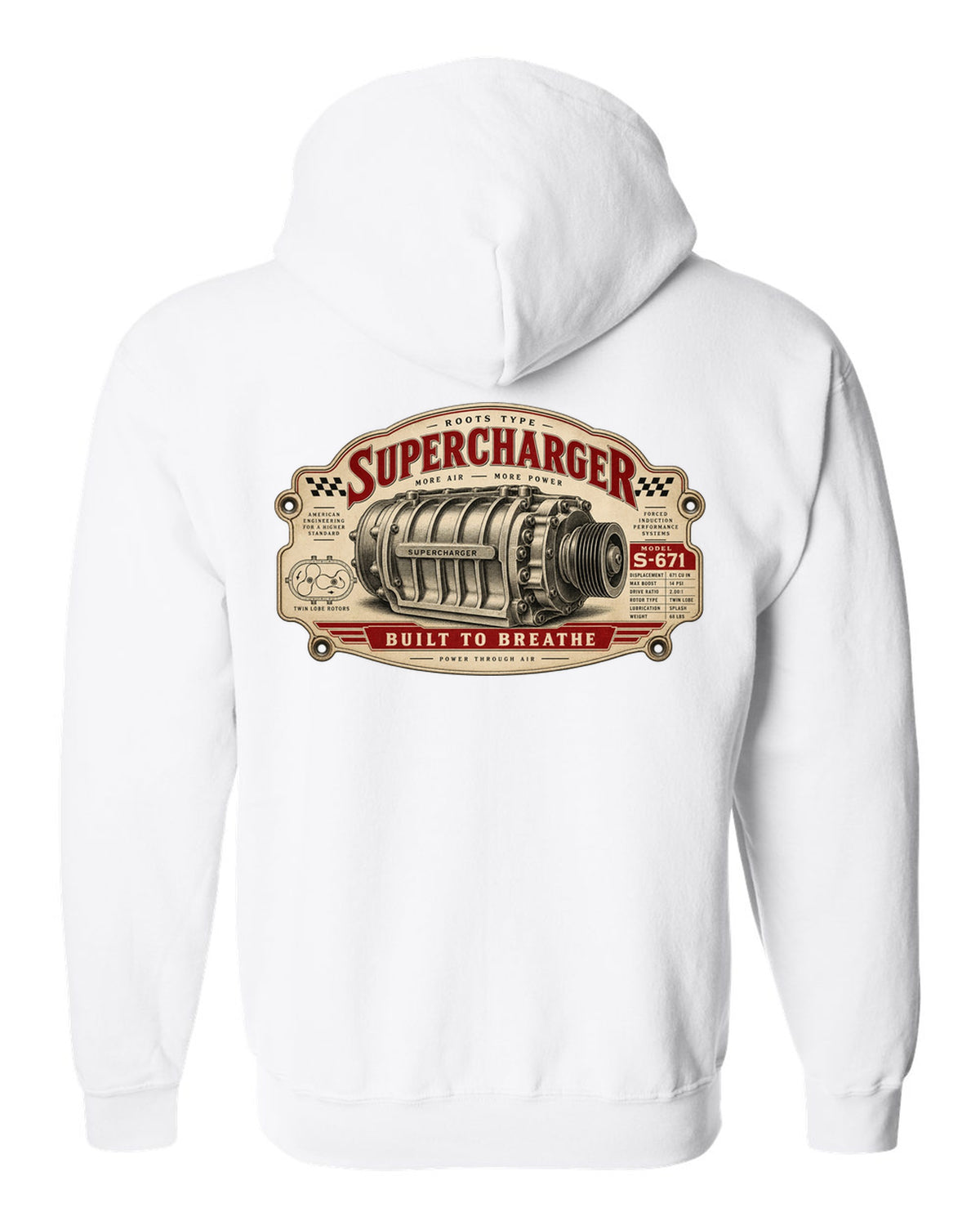 Spec-sheet data plate art of a 2023 Ford F-150 Raptor R P702 with 5.2 SUPERCHARGED 720 HP notes white zip hoodie back view with the design