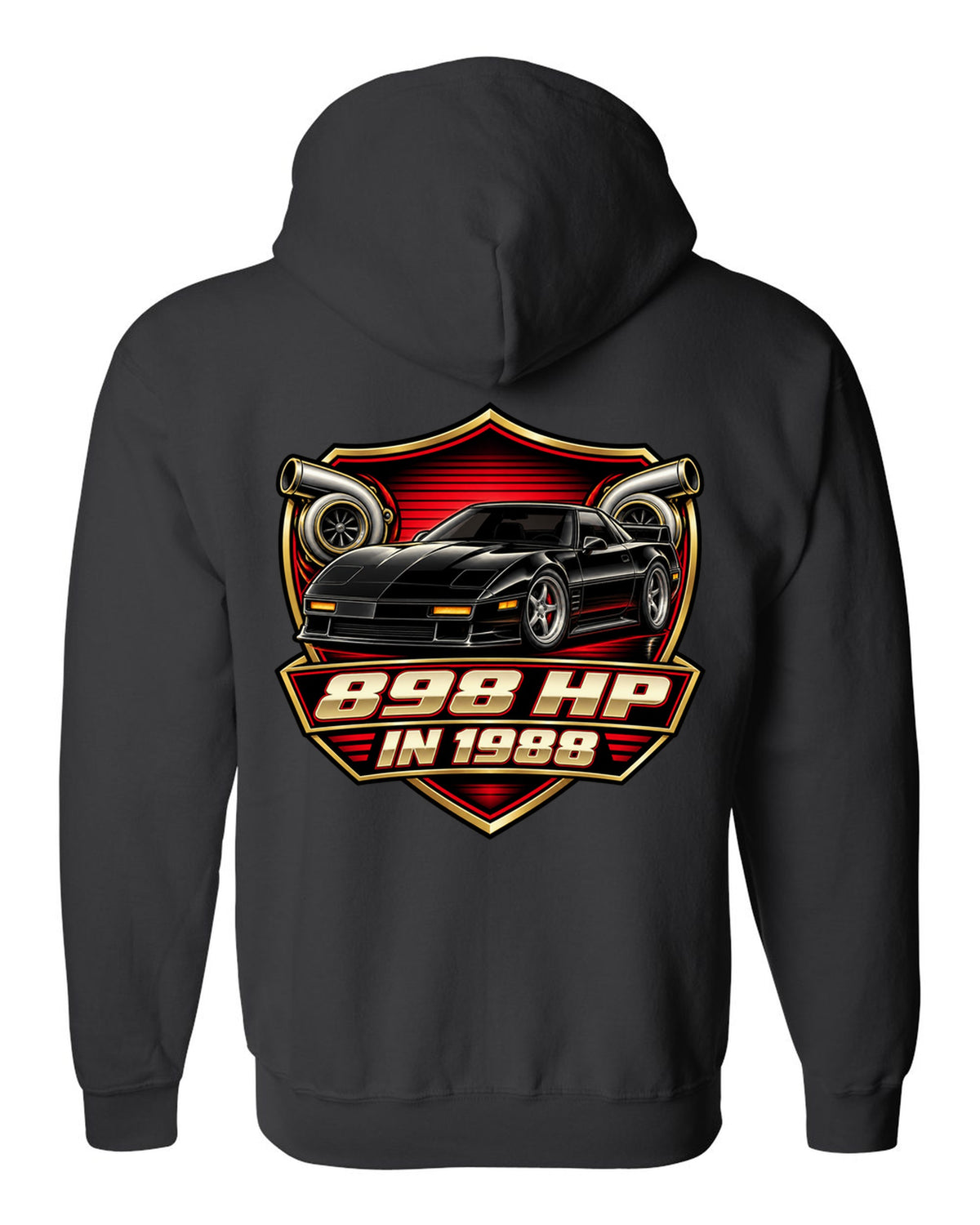 Badge crest design of a 2024 C8 hybrid AWD Corvette with 898 hp lettering black zip hoodie back view with the design