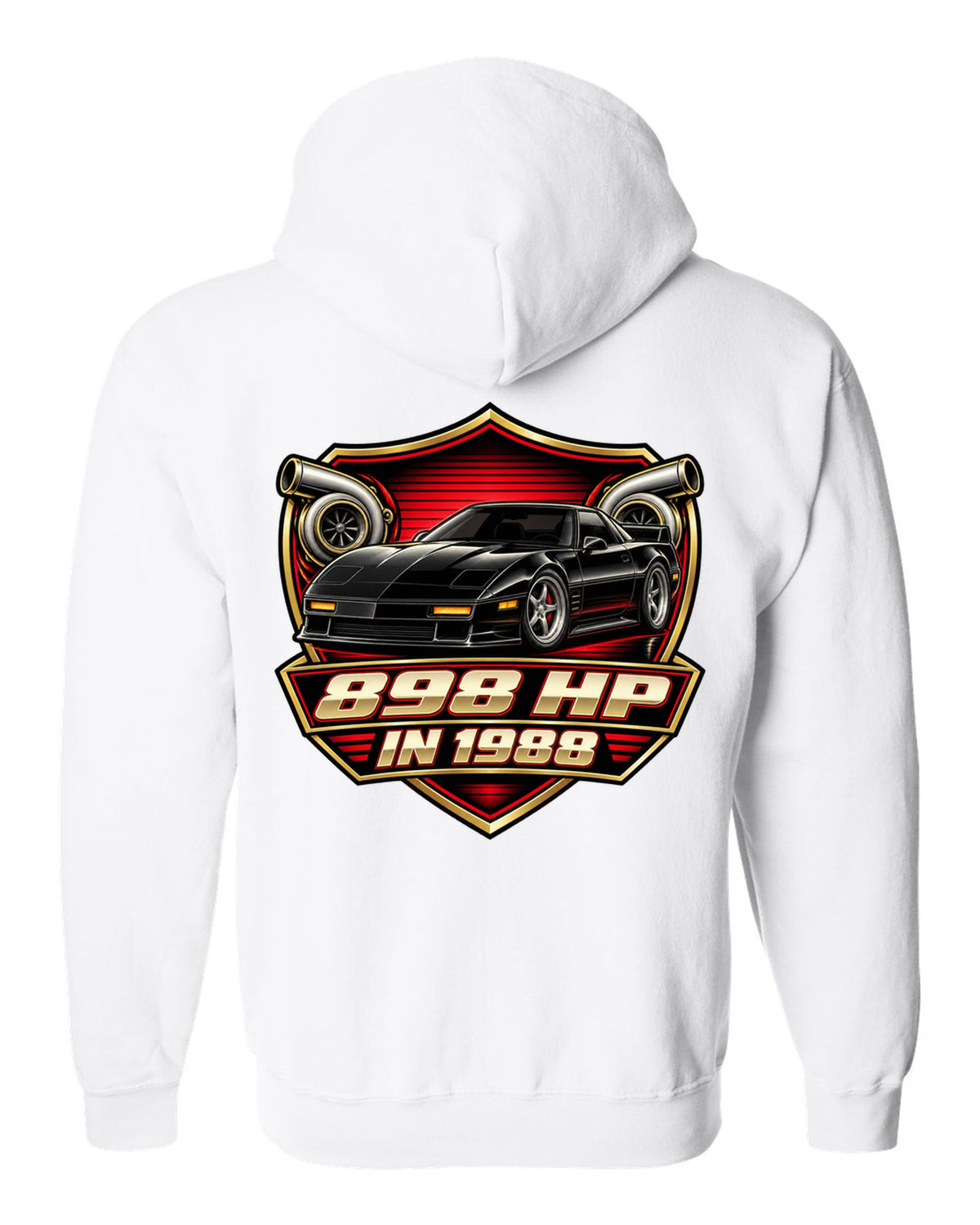 Badge crest design of a 2024 C8 hybrid AWD Corvette with 898 hp lettering white zip hoodie back view with the design