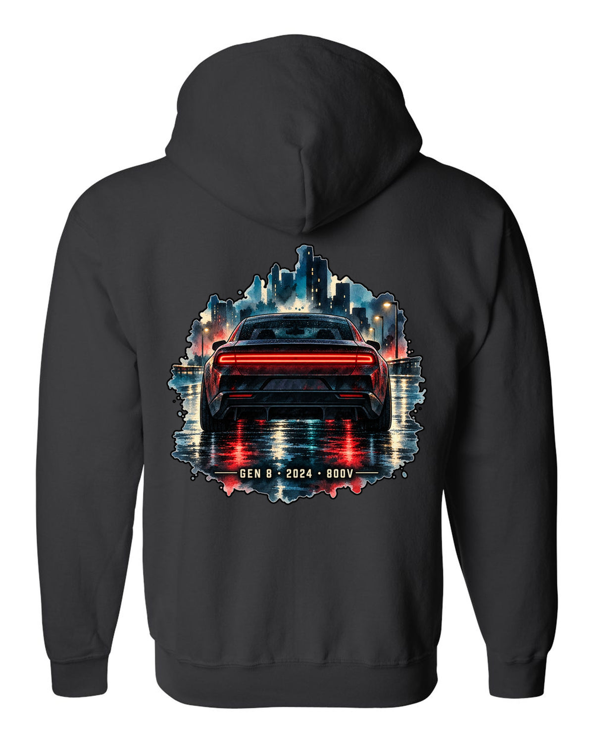Watercolour night scene of a 2024 Dodge Charger Daytona EV on a wet road with Gen 8 lettering black zip hoodie back view with the design