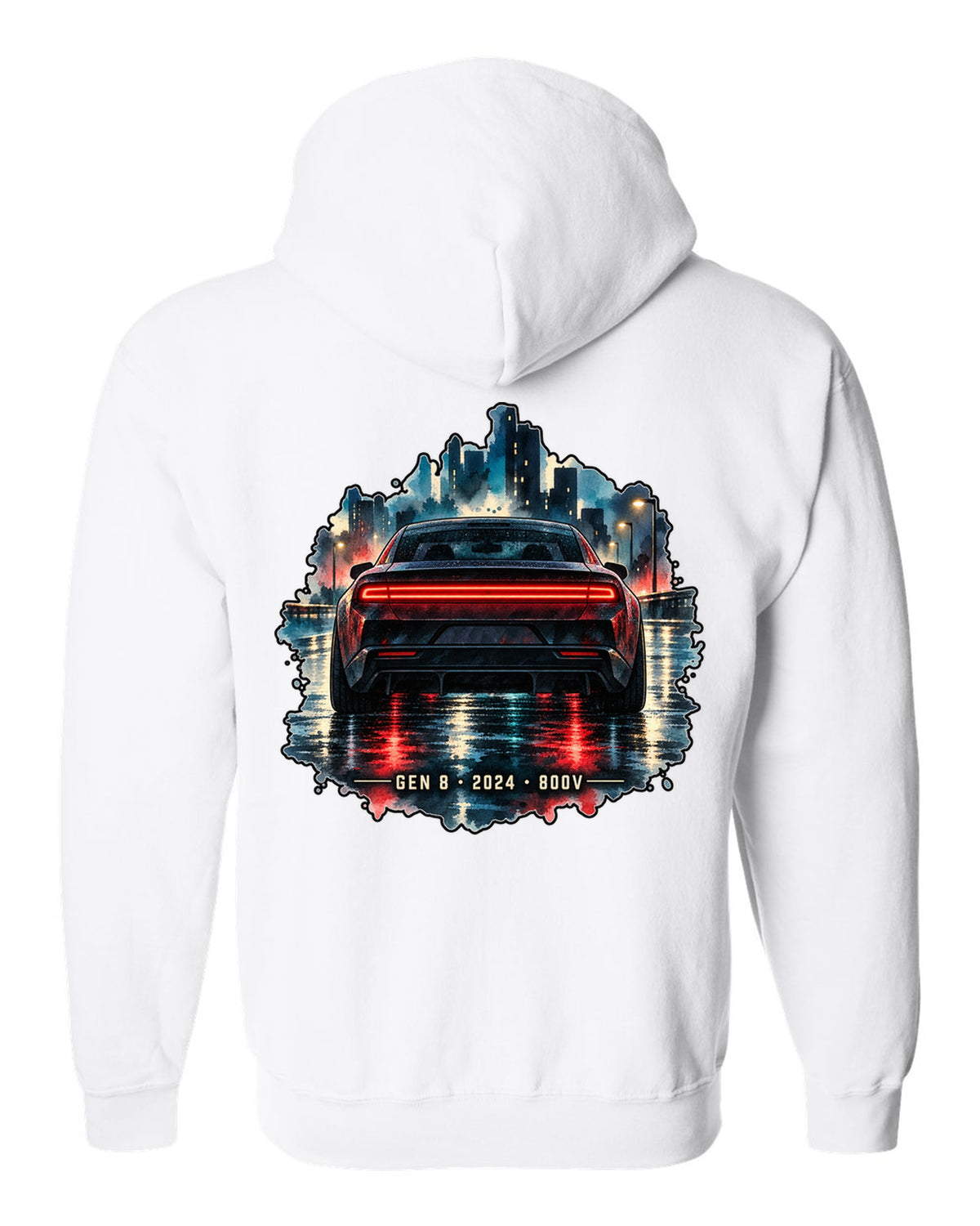 Watercolour night scene of a 2024 Dodge Charger Daytona EV on a wet road with Gen 8 lettering white zip hoodie back view with the design