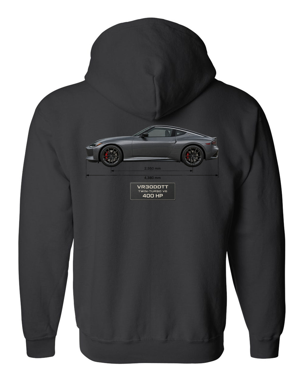 2024 Nissan Z NISMO dossier panels showing 420 hp and 384 lb-ft black zip hoodie back view with the design