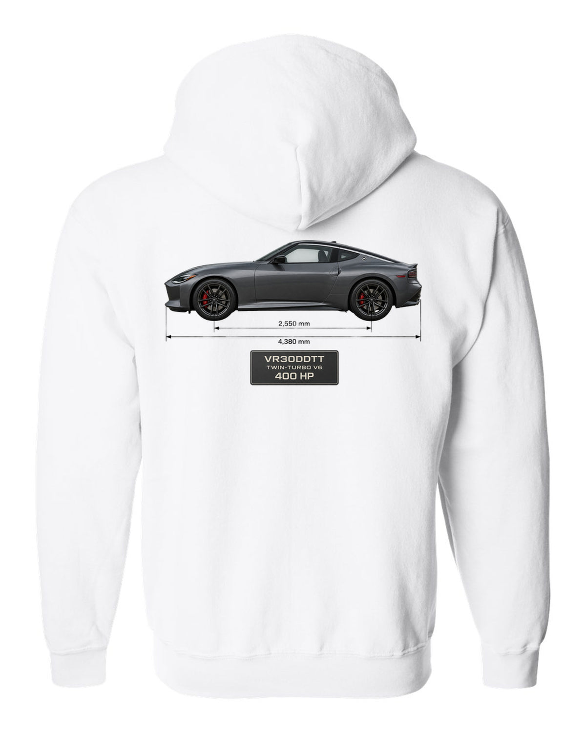 2024 Nissan Z NISMO dossier panels showing 420 hp and 384 lb-ft white zip hoodie back view with the design