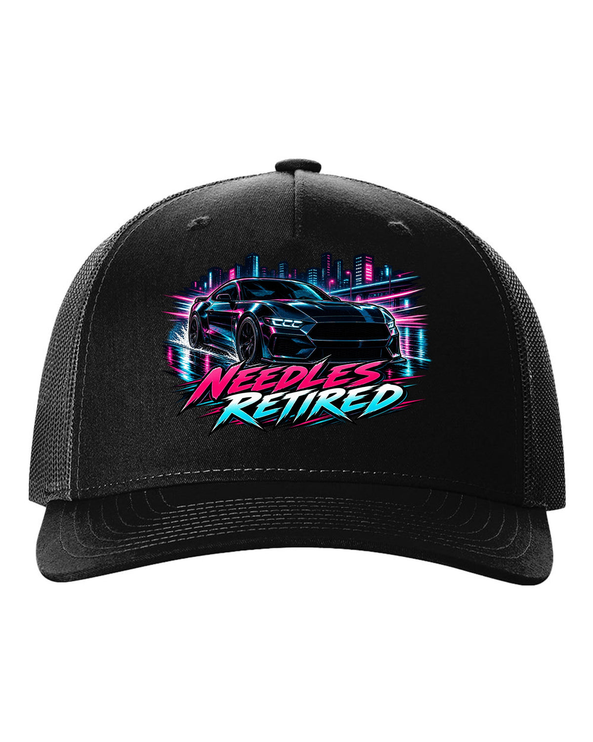 Cel-shaded anime night touge print of a 2024 S650 Mustang coupe with Needles Retired text black hat front view with the design