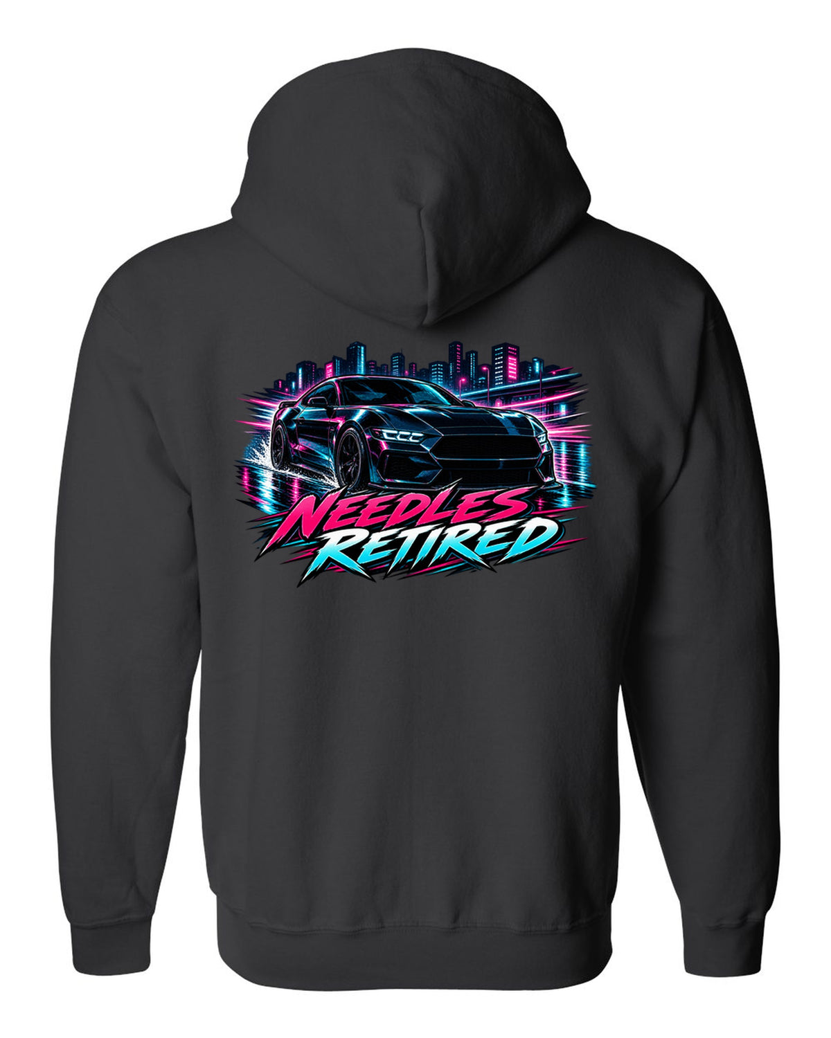 Cel-shaded anime night touge print of a 2024 S650 Mustang coupe with Needles Retired text black zip hoodie back view with the design