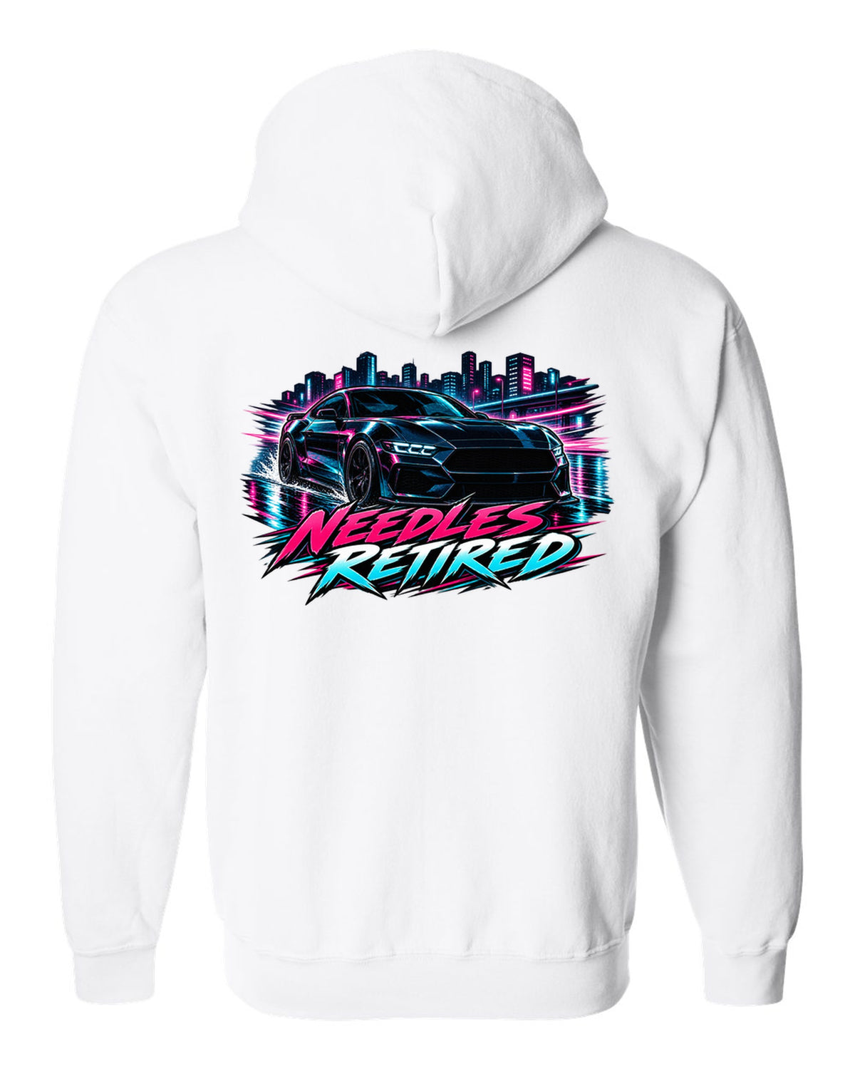 Cel-shaded anime night touge print of a 2024 S650 Mustang coupe with Needles Retired text white zip hoodie back view with the design