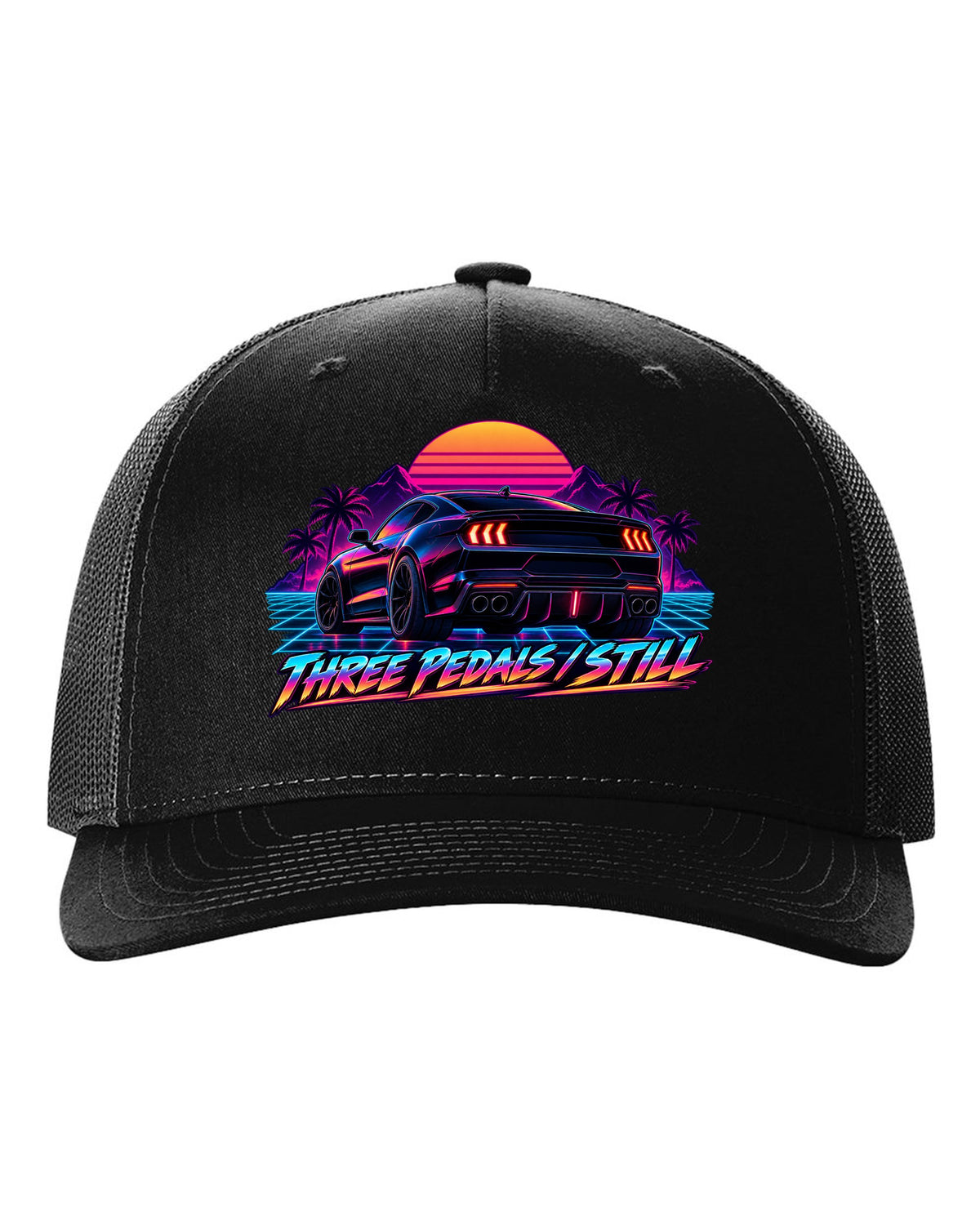 Synthwave outrun 2024 S650 Ford Mustang coupe with Three pedals still text black hat front view with the design