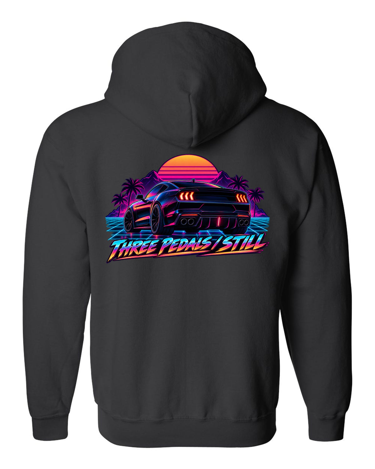 Synthwave outrun 2024 S650 Ford Mustang coupe with Three pedals still text black zip hoodie back view with the design